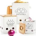 WUWEOT 3 Pack Vegetable Storage Tins, Metal Onion Garlic Potato Jars Set, Kitchen Canisters Vegetable Keeper Containers with Aerating Holes and Wooden Lid