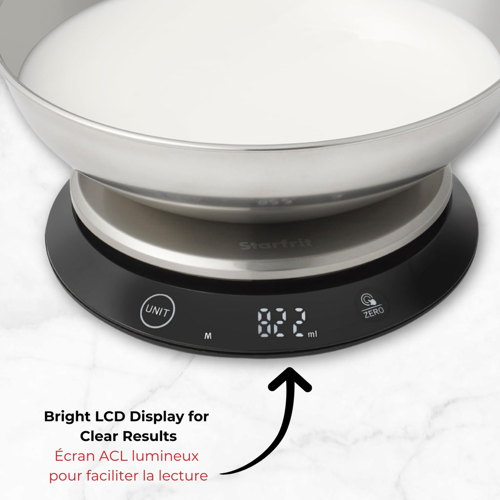 Starfrit Digital Baking Kitchen Scale - Stainless Steel Removable Bowl - 11 lb / 5 kg Capacity - Black