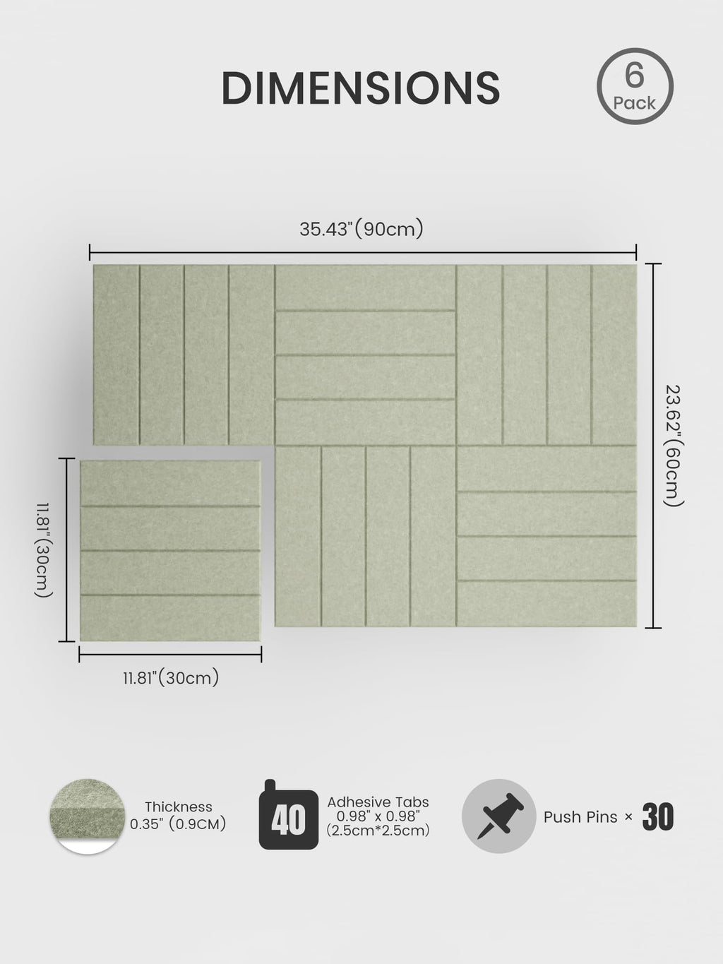 Bumusty Large Cork Board Alternative-36 x 24" Felt Bulletin Board Tiles, with 30 Pushpins, 40 Adhesive Tabs, 6-Pack Slat Wall Paneling, Cork Boards for Office Push Pin Board Felt Board-Sage