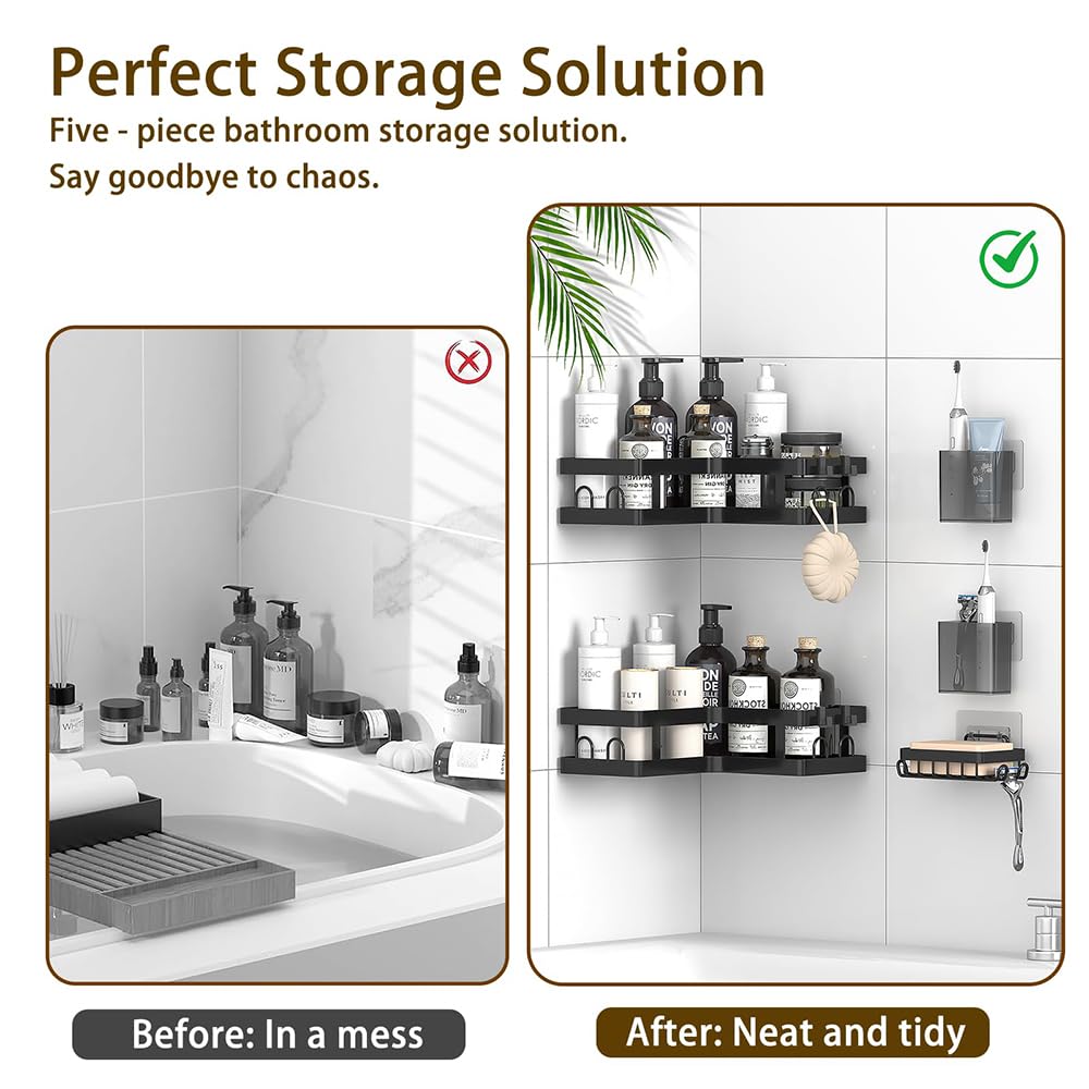 Gabeeriso Shower Caddy Corner, 2 Pack Bathroom Shelves with 12 Hooks, Black Rust-Resistant Adhesive Shower Shelf No Drilling with Independent Soap Holder (5 Pack)