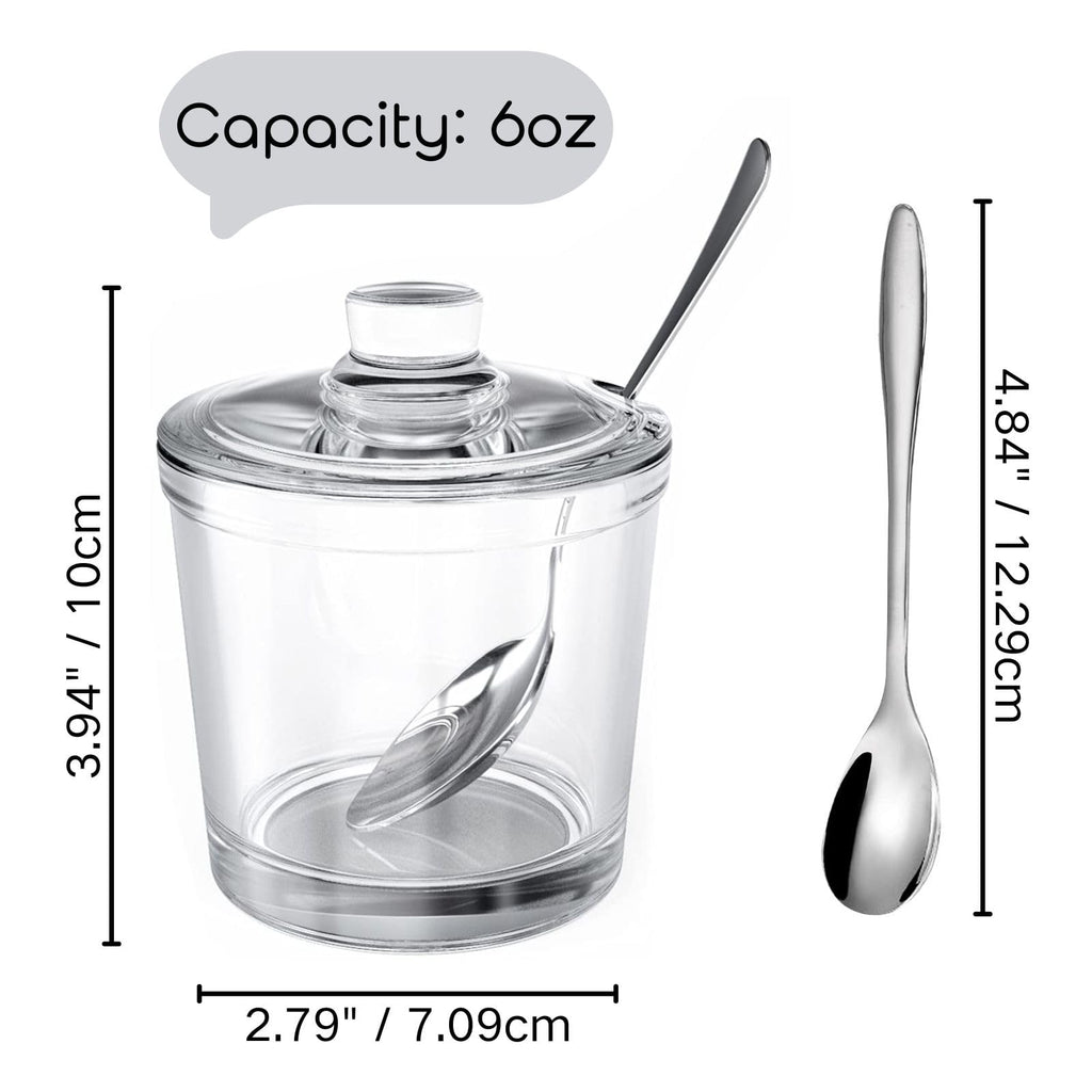 ZEAYEA Set of 2 Clear Glass Sugar Bowl, 6 Ounce Seasoning Box Condiment Pots with Spoon and Lid, Sugar Spice Salt Canister for Home Kitchen, Coffee Bar, Restaurant