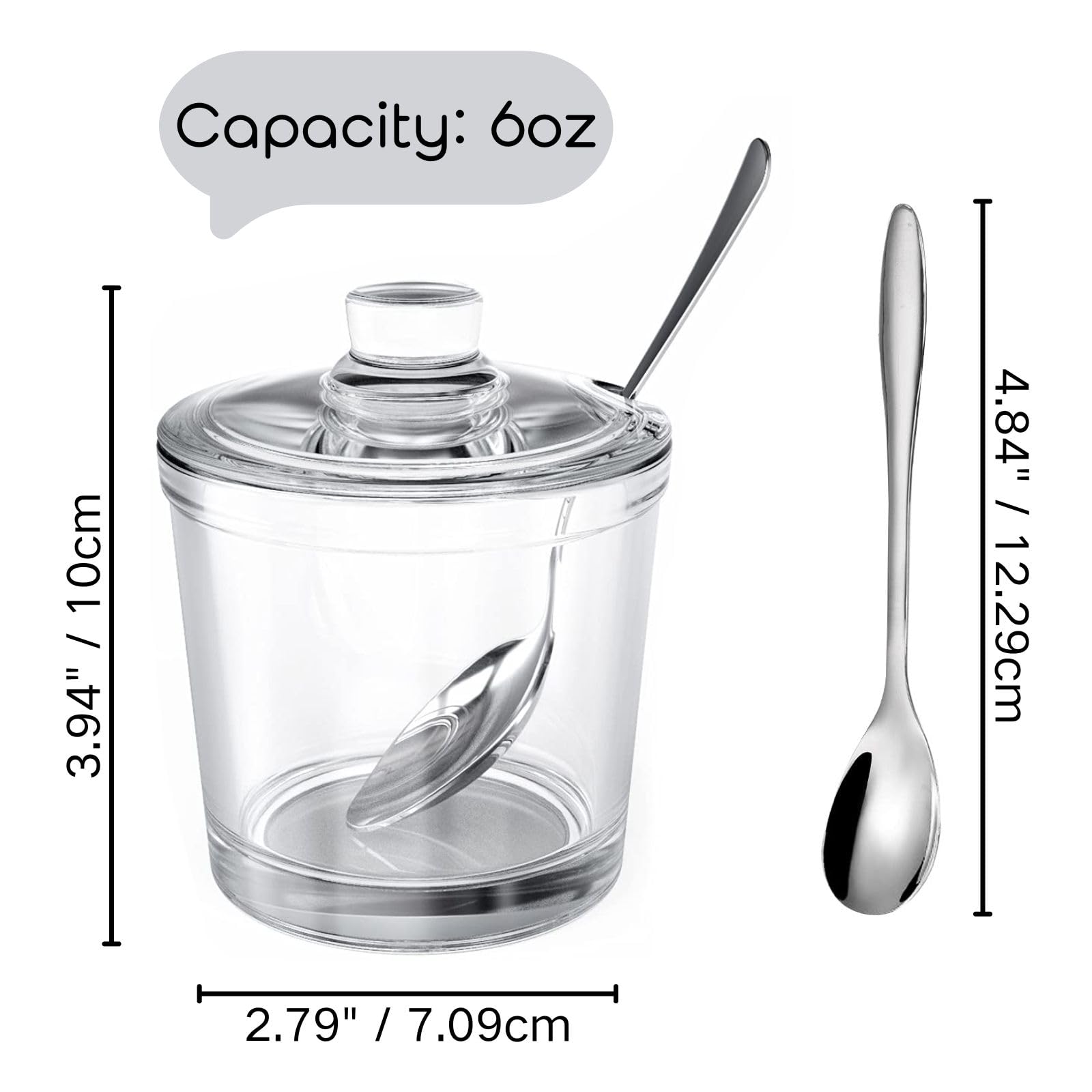 ZEAYEA Set of 2 Clear Glass Sugar Bowl, 6 Ounce Seasoning Box Condiment Pots with Spoon and Lid, Sugar Spice Salt Canister for Home Kitchen, Coffee Bar, Restaurant