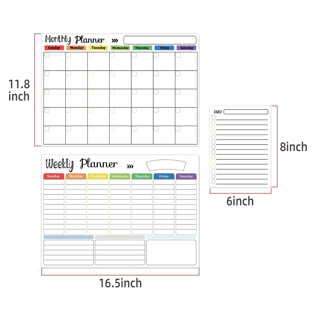 Hivillexun Magnetic Dry Erase Calendar Whiteboard Set (3-Pack) for Fridge, Wall, and Home Organization with Monthly, Weekly & Daily Planners, Includes 8 Markers & 1 Eraser