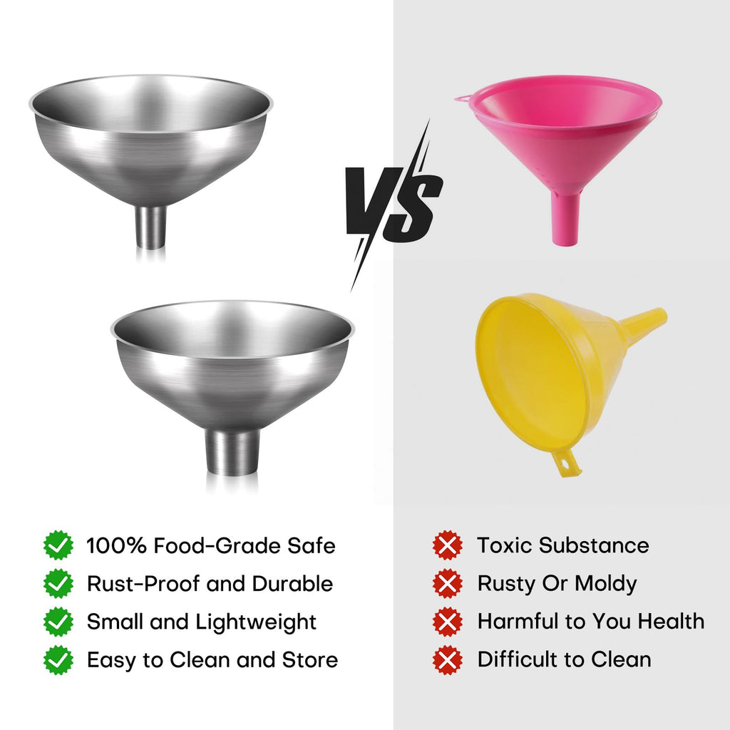Serinar 2-Piece Stainless Steel Kitchen Funnel Set with 1-Inch and 0.5-Inch Ports for Transferring and Filling Liquids, Coffee Beans, Spice Blends, and Powders Easy to Clean!