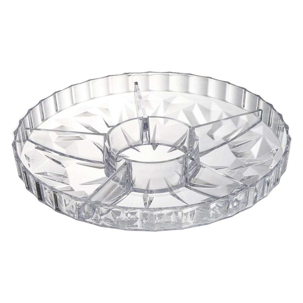 ZOOFOX Snack Serving Tray, 12" Appetizer Tray with Lid, 6 Compartments Round Plastic Food Storage Organizer for Dried Fruits, Nuts, Candies, Sweet Cookies and Fruits (Clear)