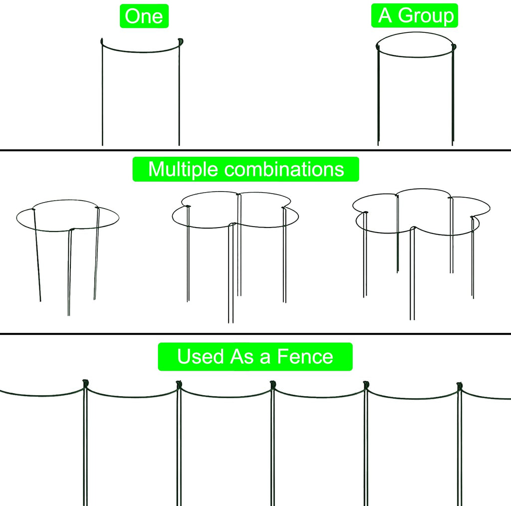 Plant Support Stake, 8 Pack Green Half Round Plant Support Ring Metal Garden Stem Support Stake with 20 Pcs Plant Clips & Plant Ties for Potted Plants Tomato Vegetable Flowers (9.8“W x 15.7”H)