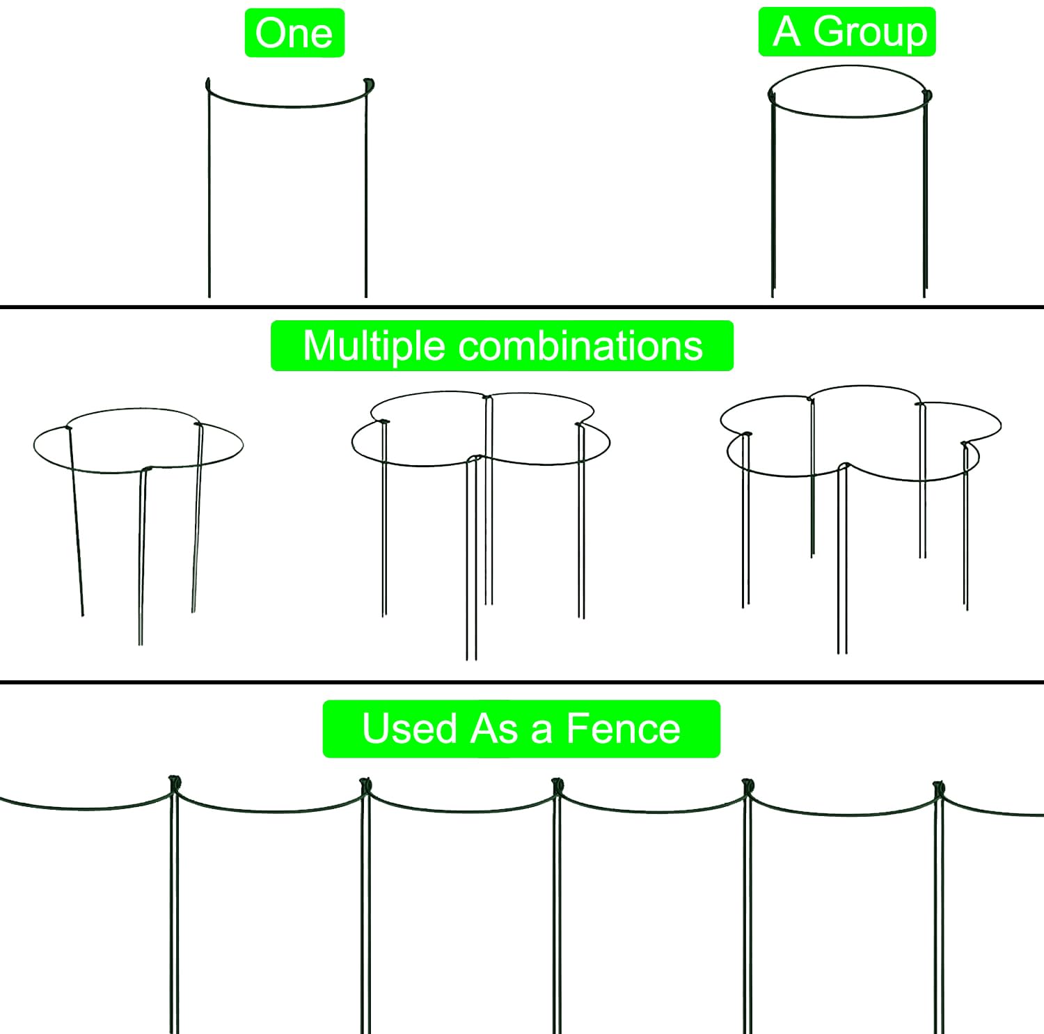 Plant Support Stake, 8 Pack Green Half Round Plant Support Ring Metal Garden Stem Support Stake with 20 Pcs Plant Clips & Plant Ties for Potted Plants Tomato Vegetable Flowers (9.8“W x 15.7”H)