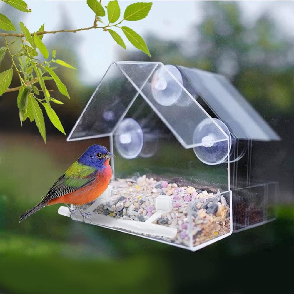 WLLKOO Window Bird Feeder 2 Pack, Bird House for Outside with 4 Rod, Small Acrylic Window Bird Feeder with Strong Suction Cups and Drain Holes 5.9 * 2.4 * 5.9 inch