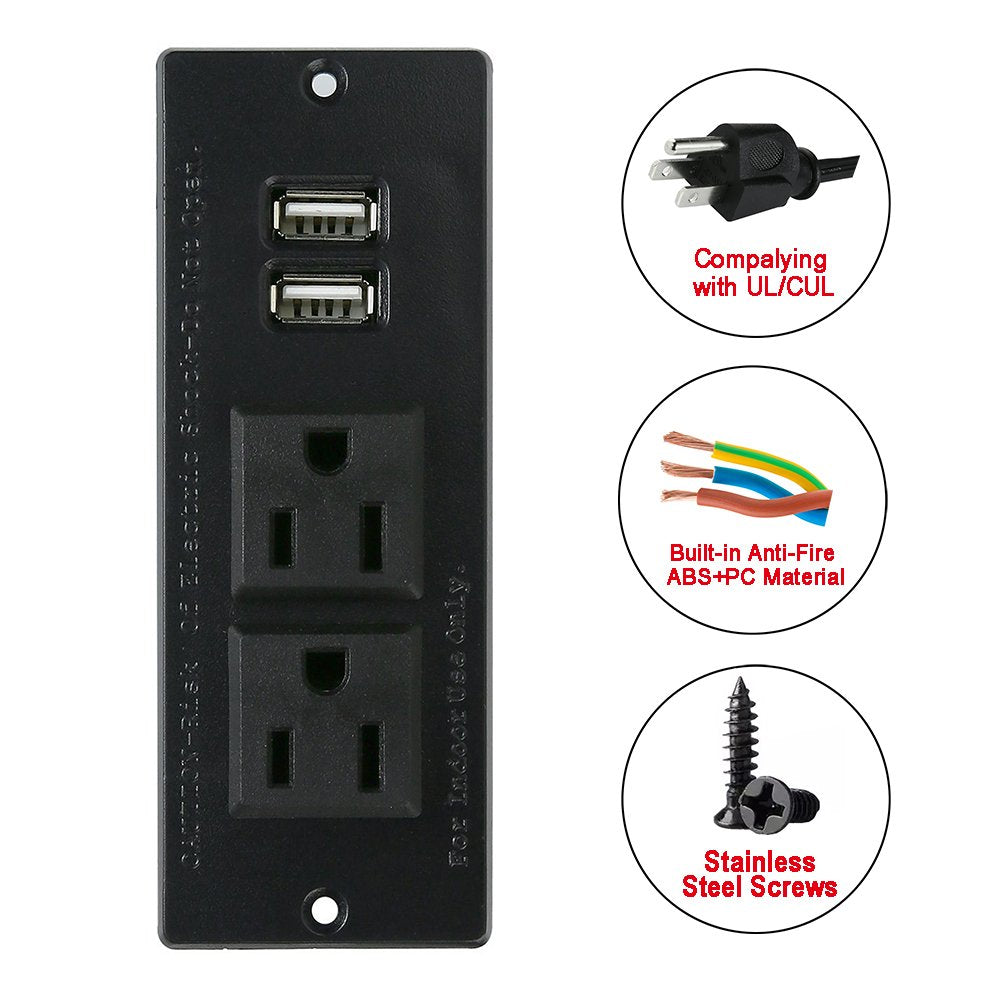 Desktop Power bar with 2 Outlets 2 USB 2.1A Insert Mounting Good for Tabletop Sofa Cabinet Nightstand