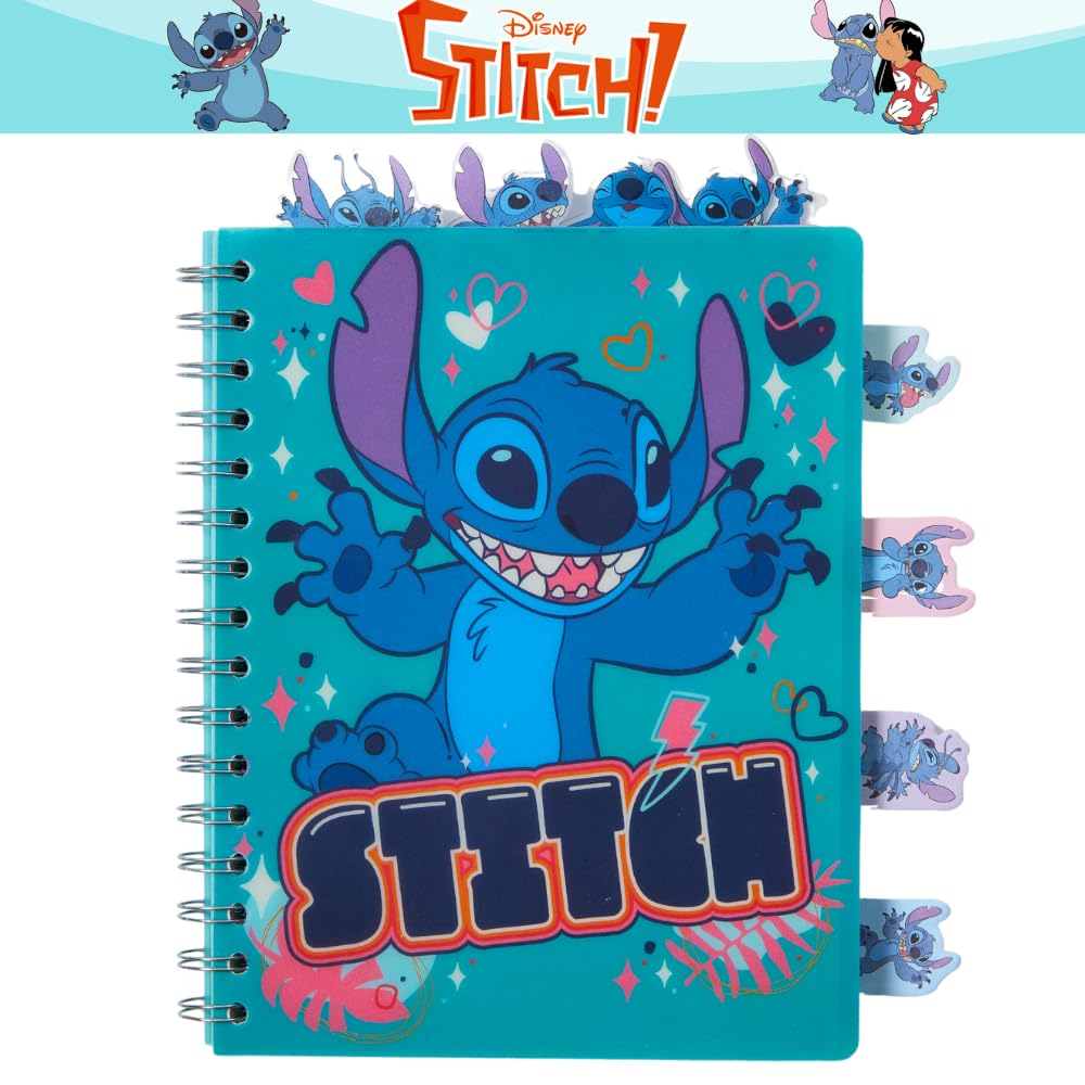 Disney Stitch Tab Journal Spiral Notebook, Ballpoint Pen, Sticky Tabs, 96 Lined Pages, Blue