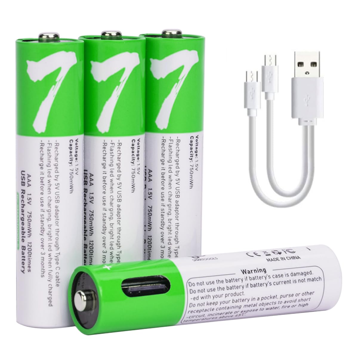 USB AAA Lithium ion Rechargeable Battery, 1.5V 750mWh Rechargeable AAA Battery, 1 H Fast Charge, 1200 Cycle with Type C Port Cable, Constant Output,4-Pack
