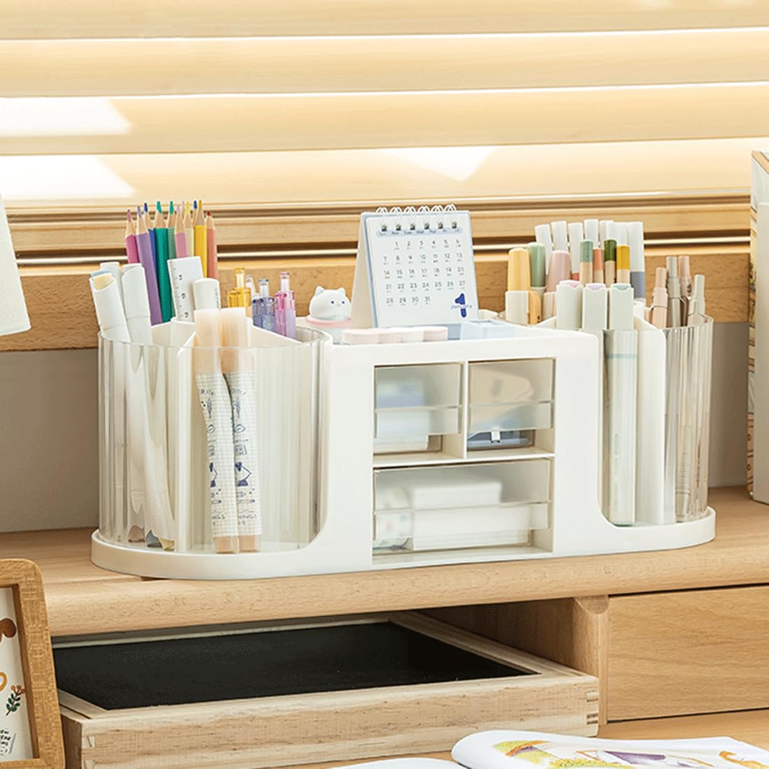 Rotating Desk Organizer with 2 Pen Holder, Office Desk Organizers and Storage with 10 Slots 360 Degree Rotating Pencil Holder for Desk+3 Drawer Organizers+1 Top Storage Tray for School Supplies