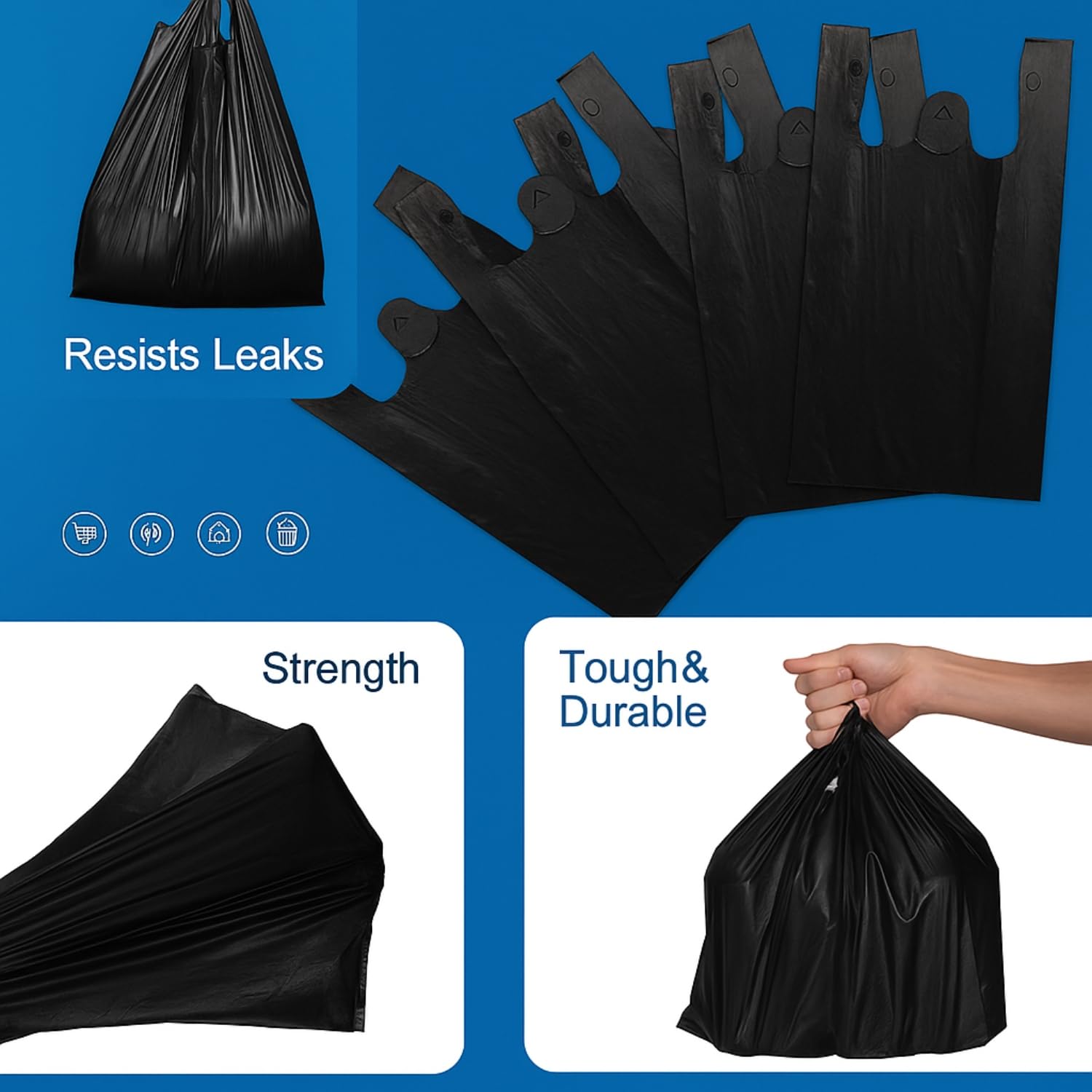 JASINCESS Plastic Bags with Handles 400 Count Black T Shirt Bags Retail Plastic Bags Shopping Carrier Merchandise Bags for Supermarket, Restaurant- 400 PCS