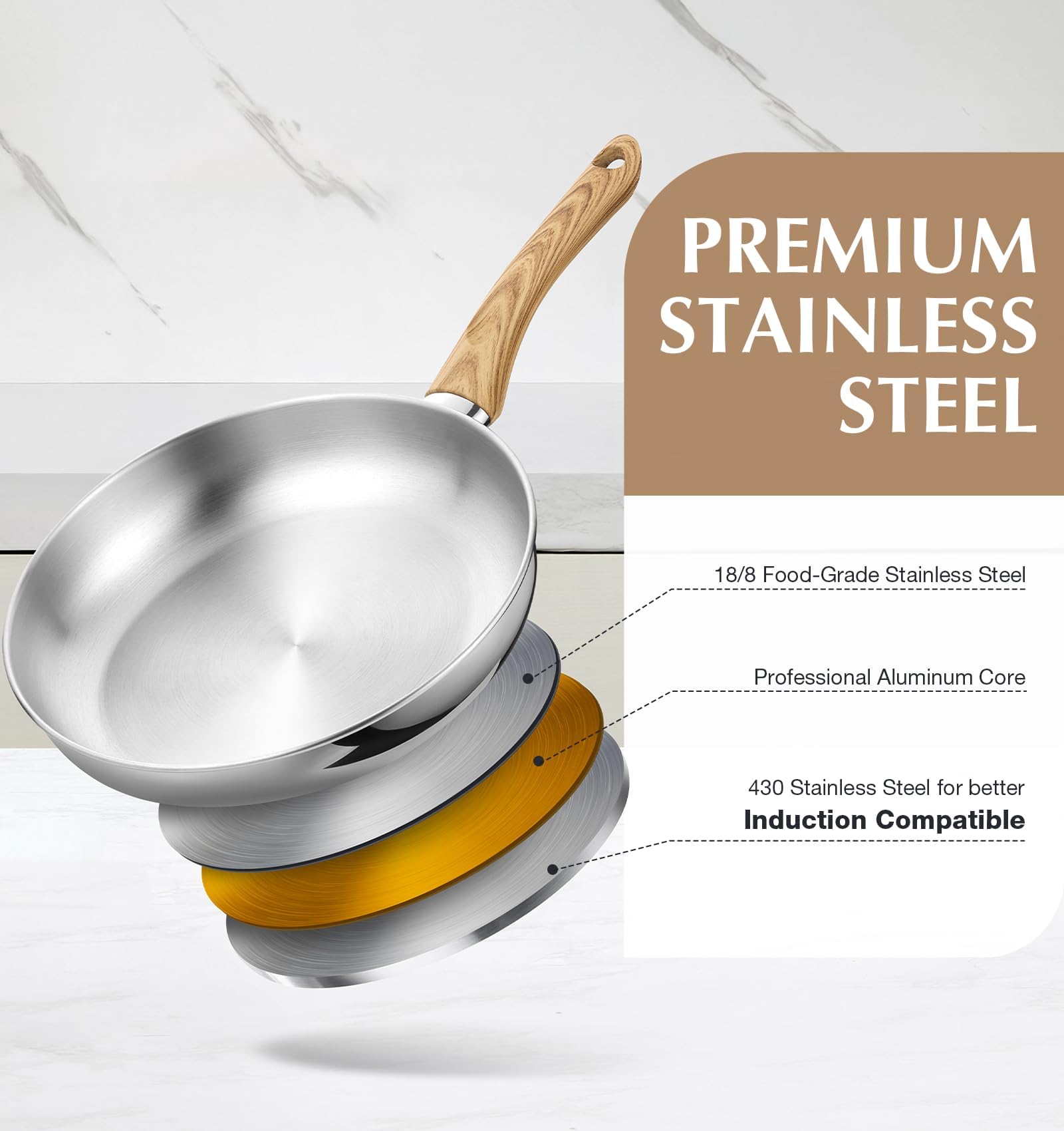 KOCH SYSTEME CS Stainless Steel Pan 10 Inch, Stainless Steel Frying Pan with Lid, 26cm Skillet with Heat-Resistant Bakelite Handle, Tri-ply Bottom, Induction Compatible, Dishwasher Safe