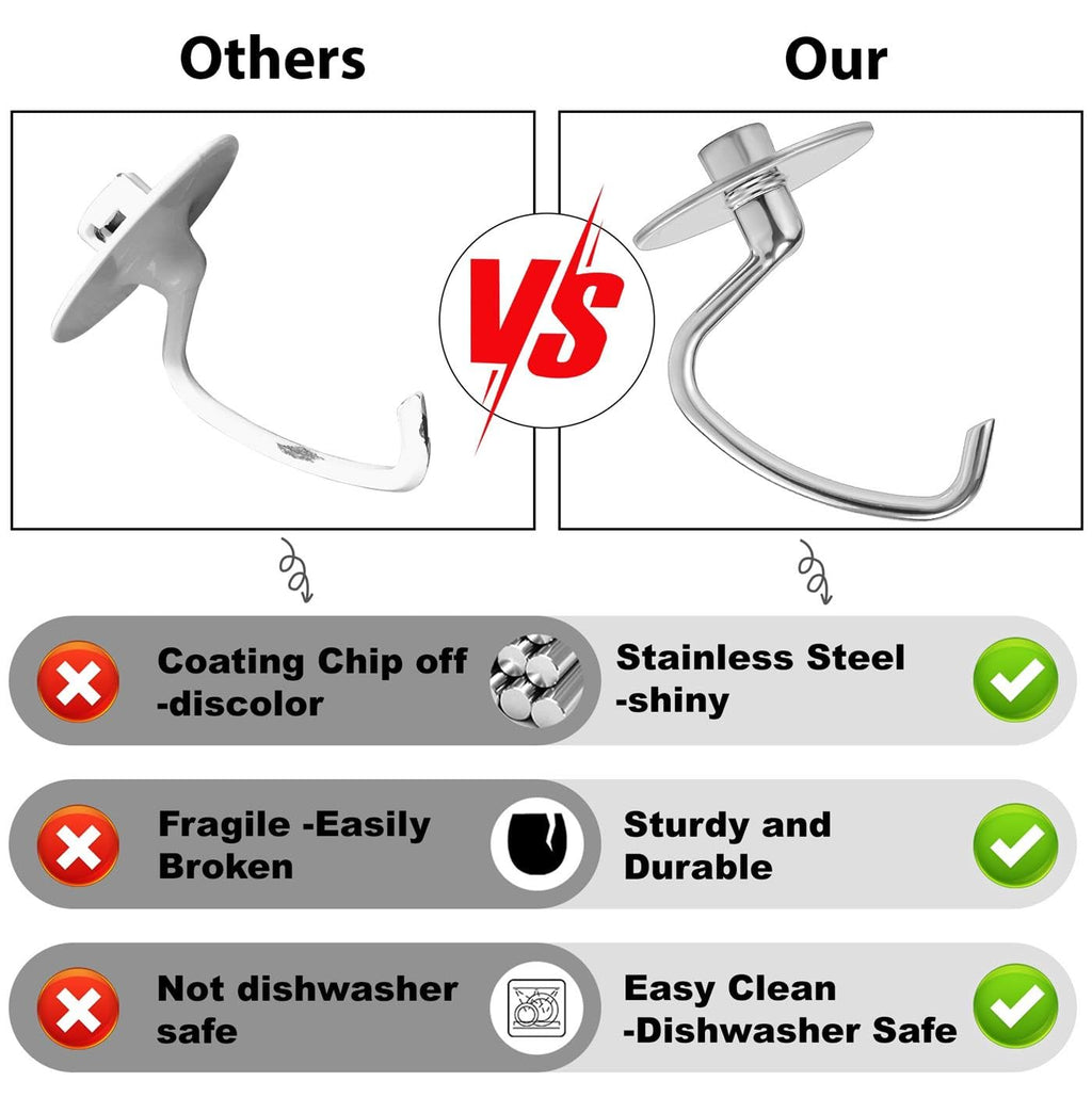 Dough Hook Dishwasher Safe for Kitchen Aid Tilt-Head and 4.5-5.0 Quart Mixers, Polished Stainless Steel Kneading Attachment for Bread,Pasta, Pizza...