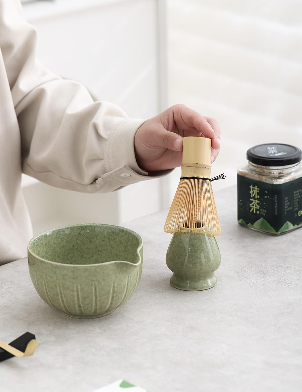 TANG PIN Matcha Set - Match Bowl and Whisk, 15 OZ, Matcha Scoop | Matcha Whisk Stand (Chasen Holder) - 4pc Perfect Matcha Kit for Matcha Tea Ceremony