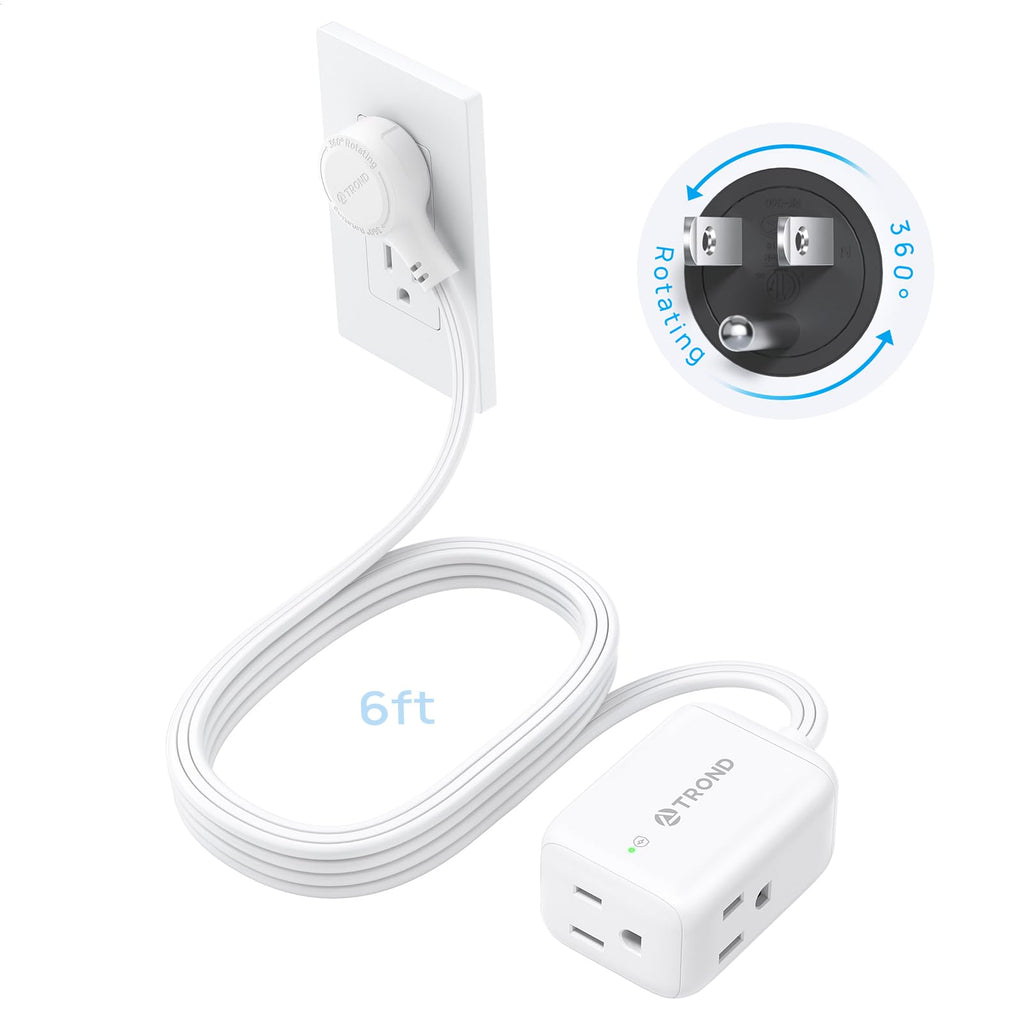 TROND 6ft Flat Extension Cord Surge Protector, 360° Rotating Plug Power Bar, 3 Way Outlets Extender, 13 Amps, 1625W, 900J, Small Flexible SPT 16/3 Cable Splitter, Home Office Dorm Room Essentials
