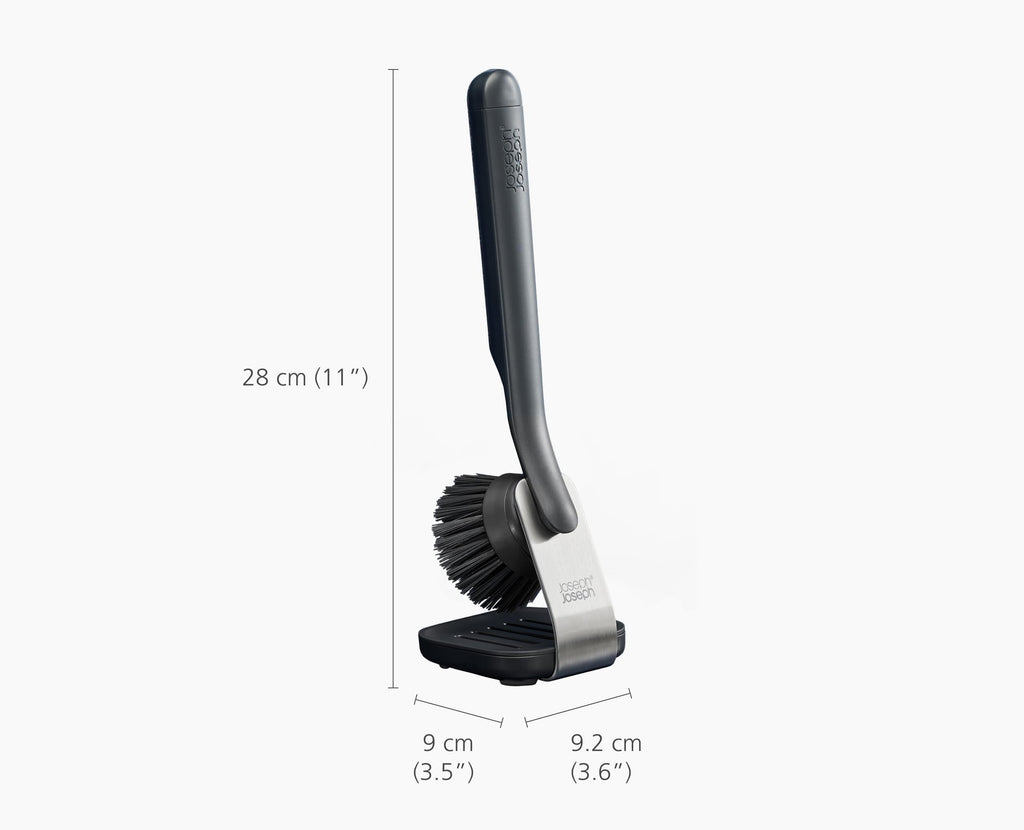 Joseph Joseph SinkTech Dish Brush with Stainless-Steel Storage Stand, Durable Bristles, Pan Scraper, Replaceable Head
