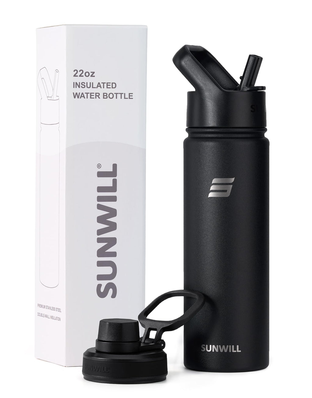 SUNWILL Metal Water Bottle with Straw 22 oz, Stainless Steel Insulated Flask for Cold and Hot Drink, Travel, Sports, Gym, Powder Coated Black