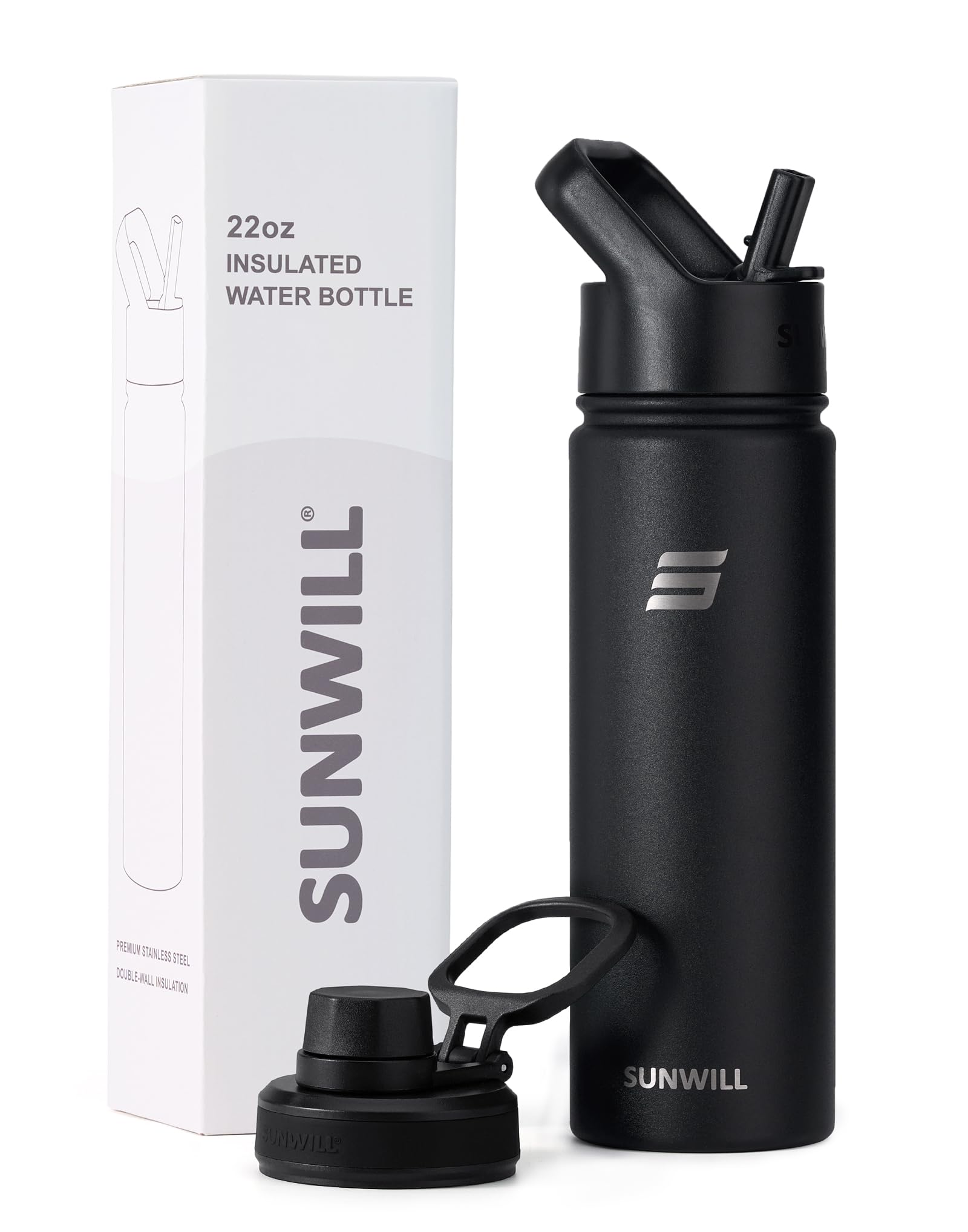 SUNWILL Metal Water Bottle with Straw 22 oz, Stainless Steel Insulated Flask for Cold and Hot Drink, Travel, Sports, Gym, Powder Coated Black