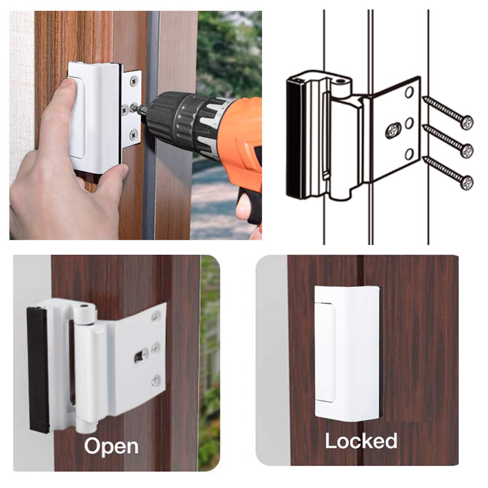 Home Security Door Lock, 2 Pack Childproof Door Reinforcement Lock with 3" Screws for Inward Swinging Door, Upgraded Night Lock to Defend Your Home (White）