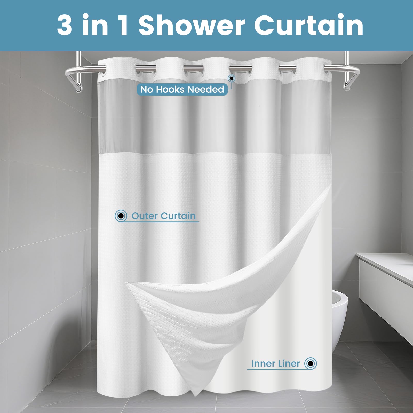 No Hook Shower Curtain with Snap in Fabric Liner- Hotel Style Waffle Weave Shower Curtains with See Through Top Window for Bathroom,White,71" W x 74" L