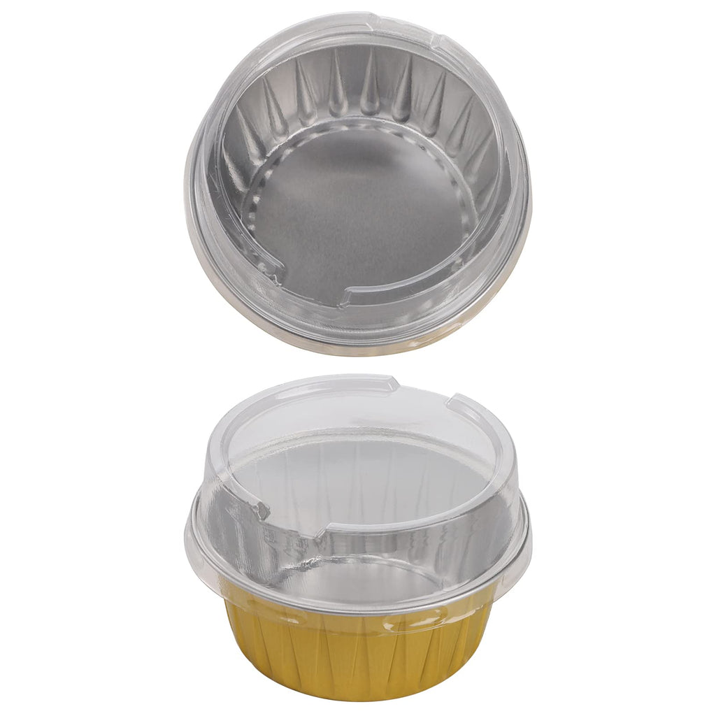 DEAYOU 100-Pack Aluminum Foil Baking Cups with Lids, 5oz Muffin Cupcake Ramekins, 3" Recyclable Cupcake Foil Liners Mini Tart Pie Tin Pan Holder for Souffle, Pudding, Party, Wedding, Gold