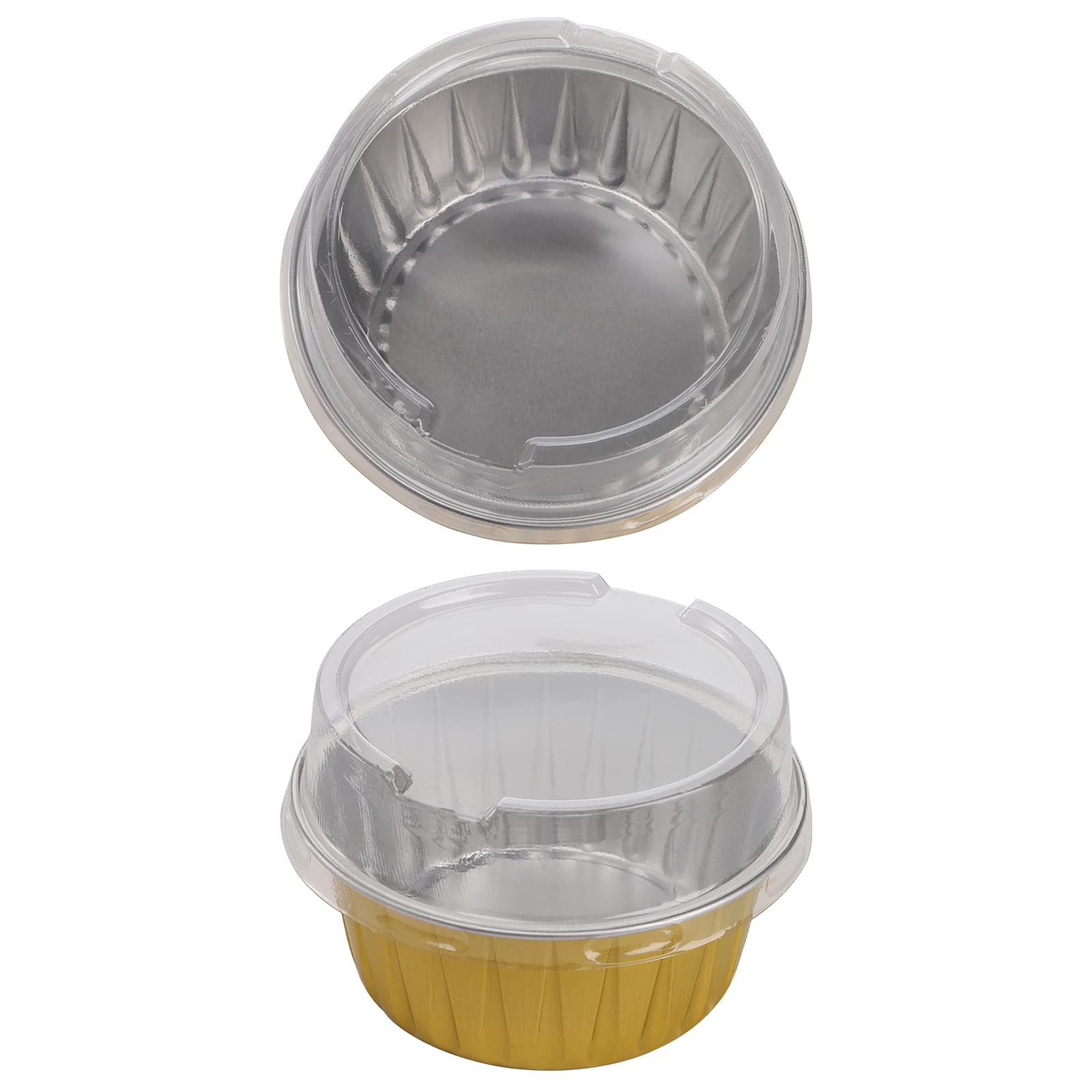 DEAYOU 100-Pack Aluminum Foil Baking Cups with Lids, 5oz Muffin Cupcake Ramekins, 3" Recyclable Cupcake Foil Liners Mini Tart Pie Tin Pan Holder for Souffle, Pudding, Party, Wedding, Gold