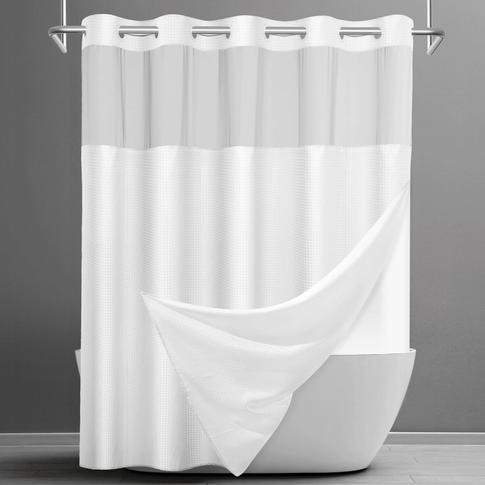 No Hook Shower Curtain with Snap in Fabric Liner- Hotel Style Waffle Weave Shower Curtains with See Through Top Window for Bathroom,White,71" W x 74" L