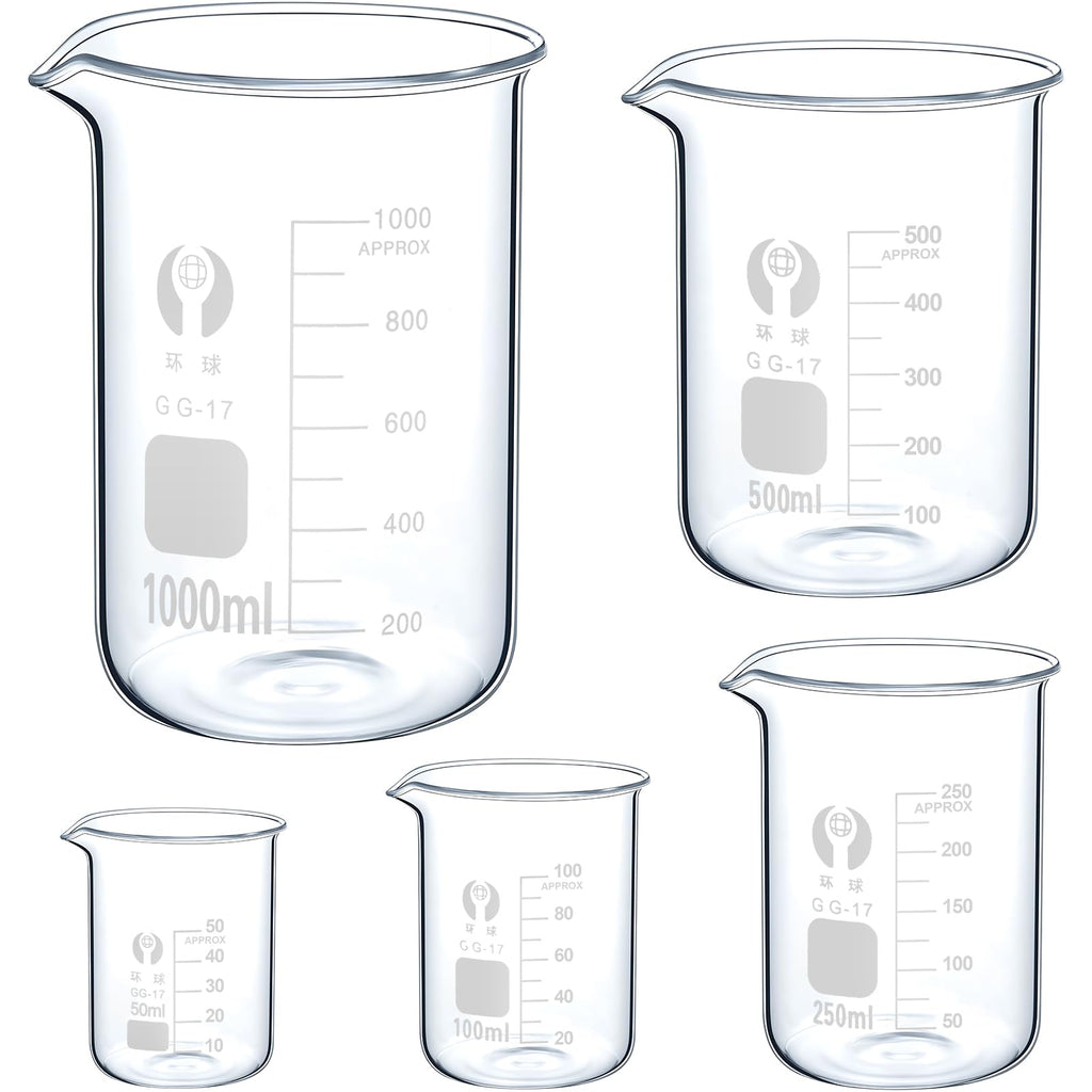 OLCANA 5 Pack Glass Beaker Set 50 ml 100 ml 250 ml 500ml 1000 ml Thick Borosilicate 3.3 Glass Graduated Measuring Lab Beaker Low Form Griffin 1L Big Glass Beaker