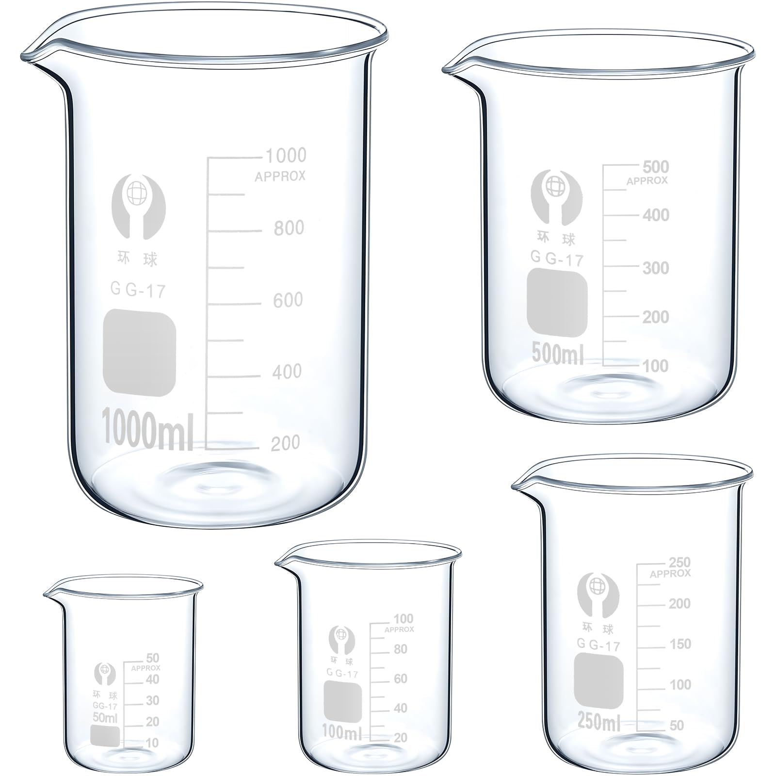 OLCANA 5 Pack Glass Beaker Set 50 ml 100 ml 250 ml 500ml 1000 ml Thick Borosilicate 3.3 Glass Graduated Measuring Lab Beaker Low Form Griffin 1L Big Glass Beaker