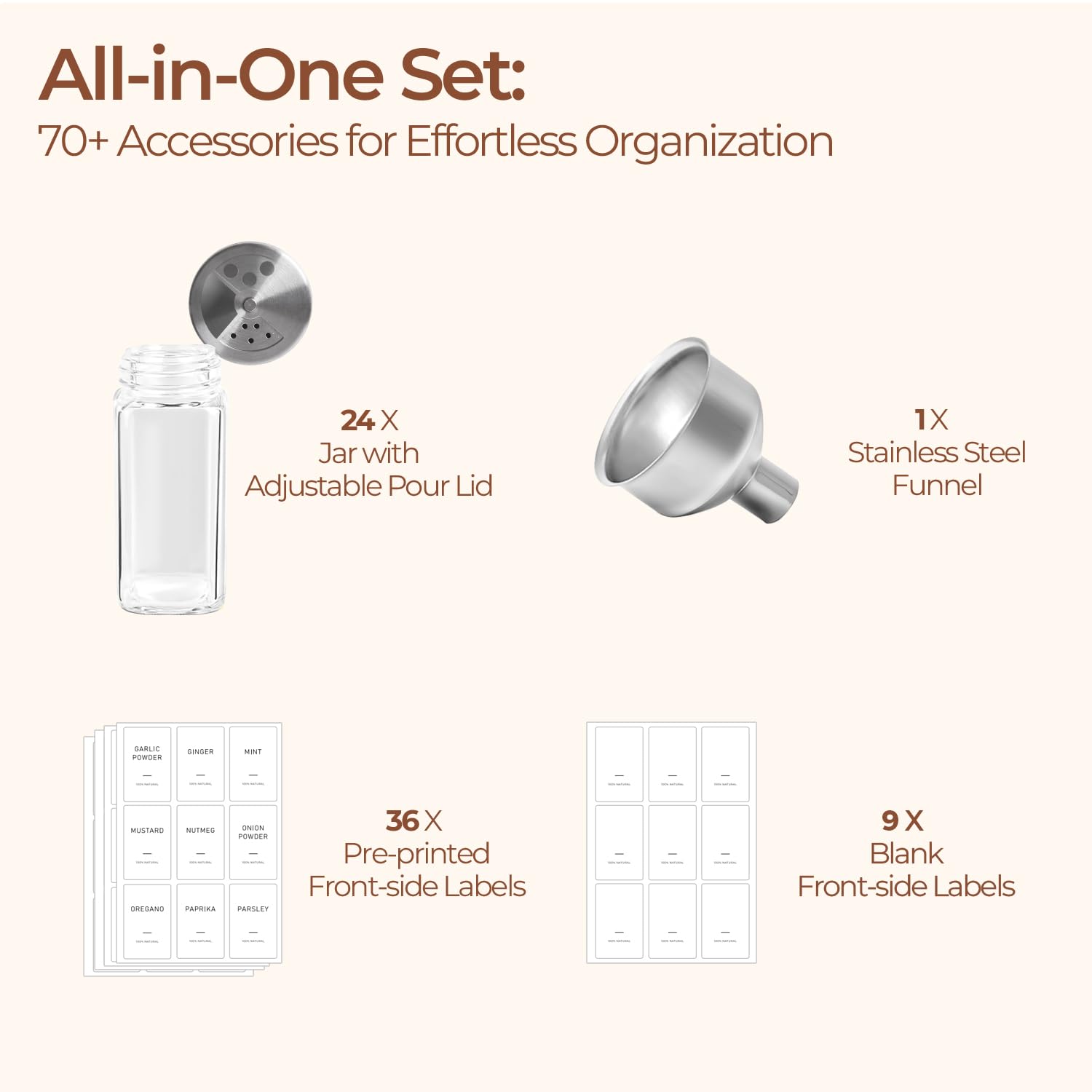 ComSaf 24 Pcs Glass Spice Jars Set with 3-in-1 Shaker Lids, 4oz Square Spice Containers for Drawer and Pantry Organization, Includes Stainless Steel Funnel and Labels for Herbs and Season