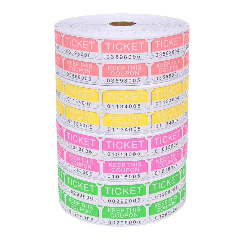 L LIKED Assorted Double Raffle Tickets (4 Rolls of 2000 Double Tickets) 8,000 Total 50/50 (Neon Yellow, Neon Green, Neon Red, Neon Pink)