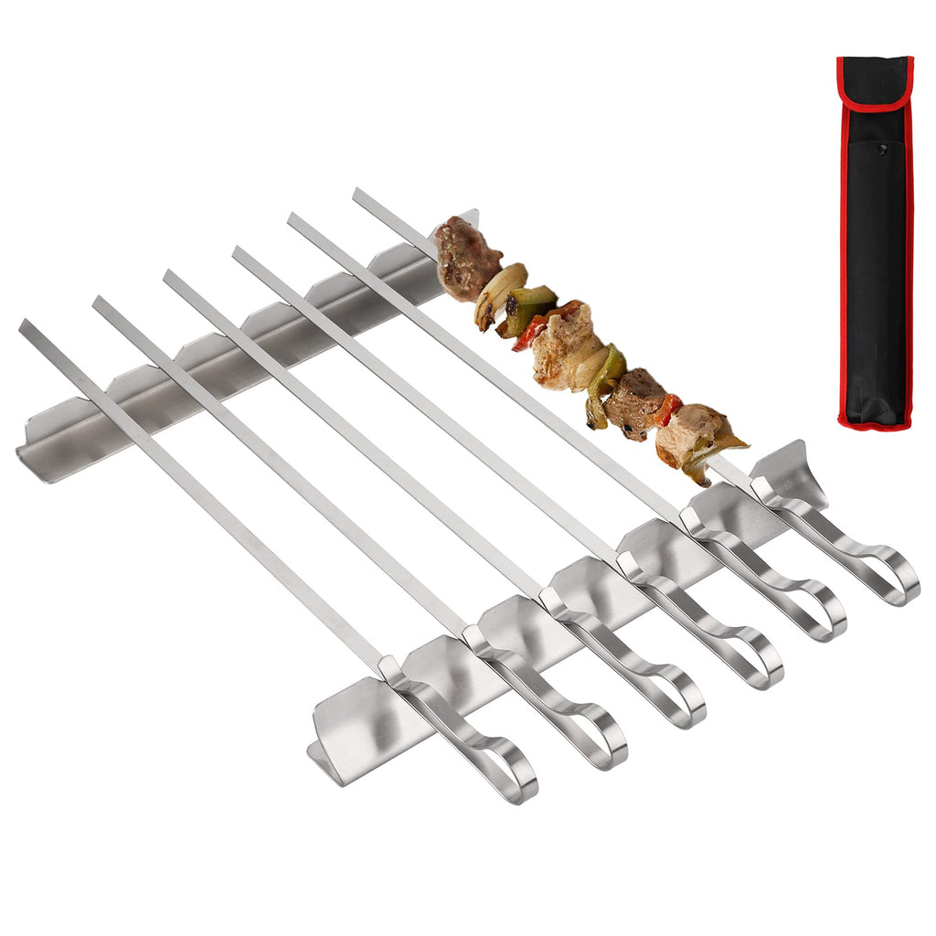 Dicunoy 9 Pcs Metal Barbecue Skewers Shish Kabob Set, 17" Heavy Duty Flat Wide Kabob Skewers for Grilling, Reusable Stainless Steel Flat Shish BBQ Sticks with Rack Stand for Meat, Vegetable Grill