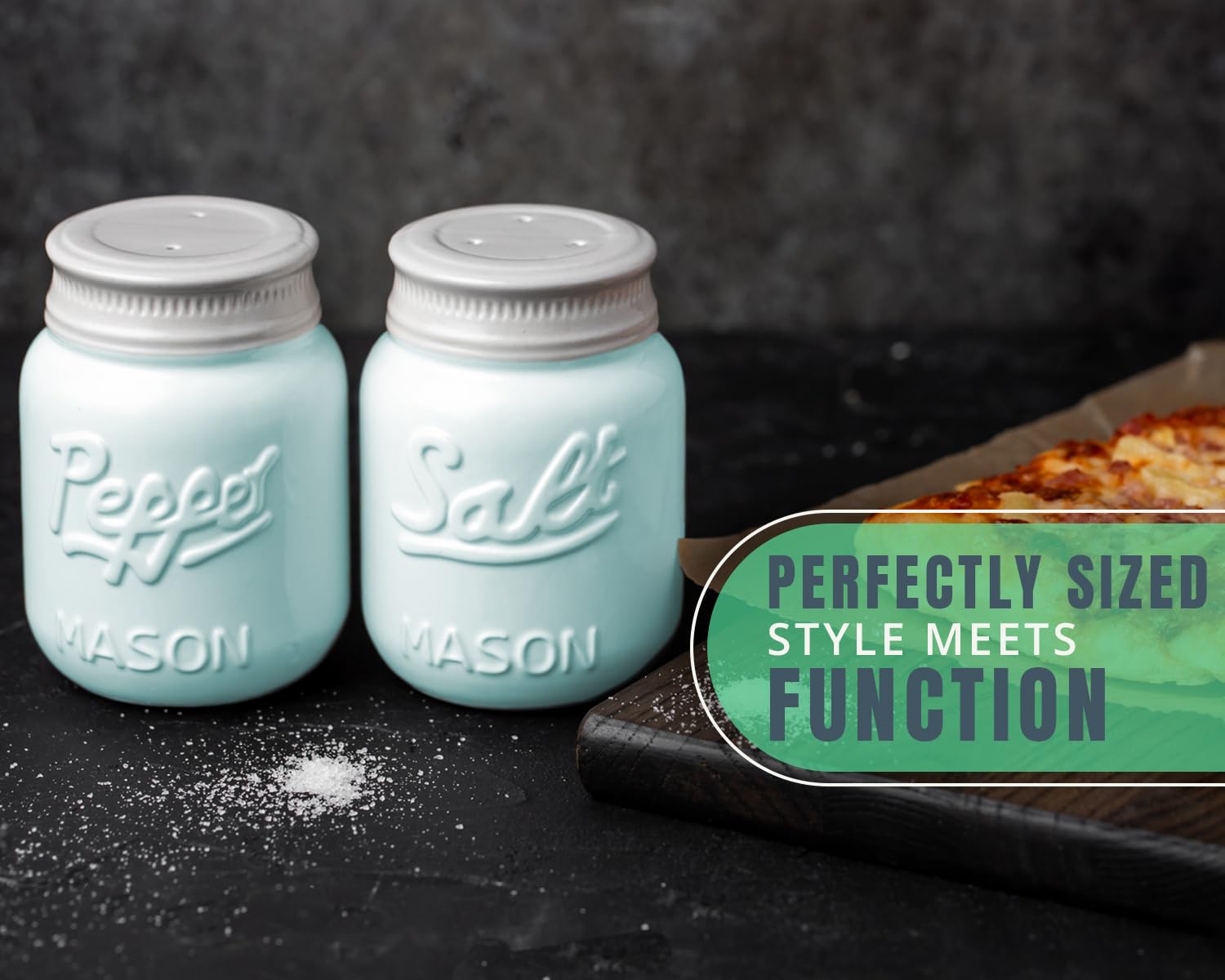 Comfify Vintage Mason Jar Salt & Pepper Shakers - Adorable Decorative Mason Jar Decor for Vintage, Rustic, Shabby Chic - Sturdy Ceramic in Aqua Blue