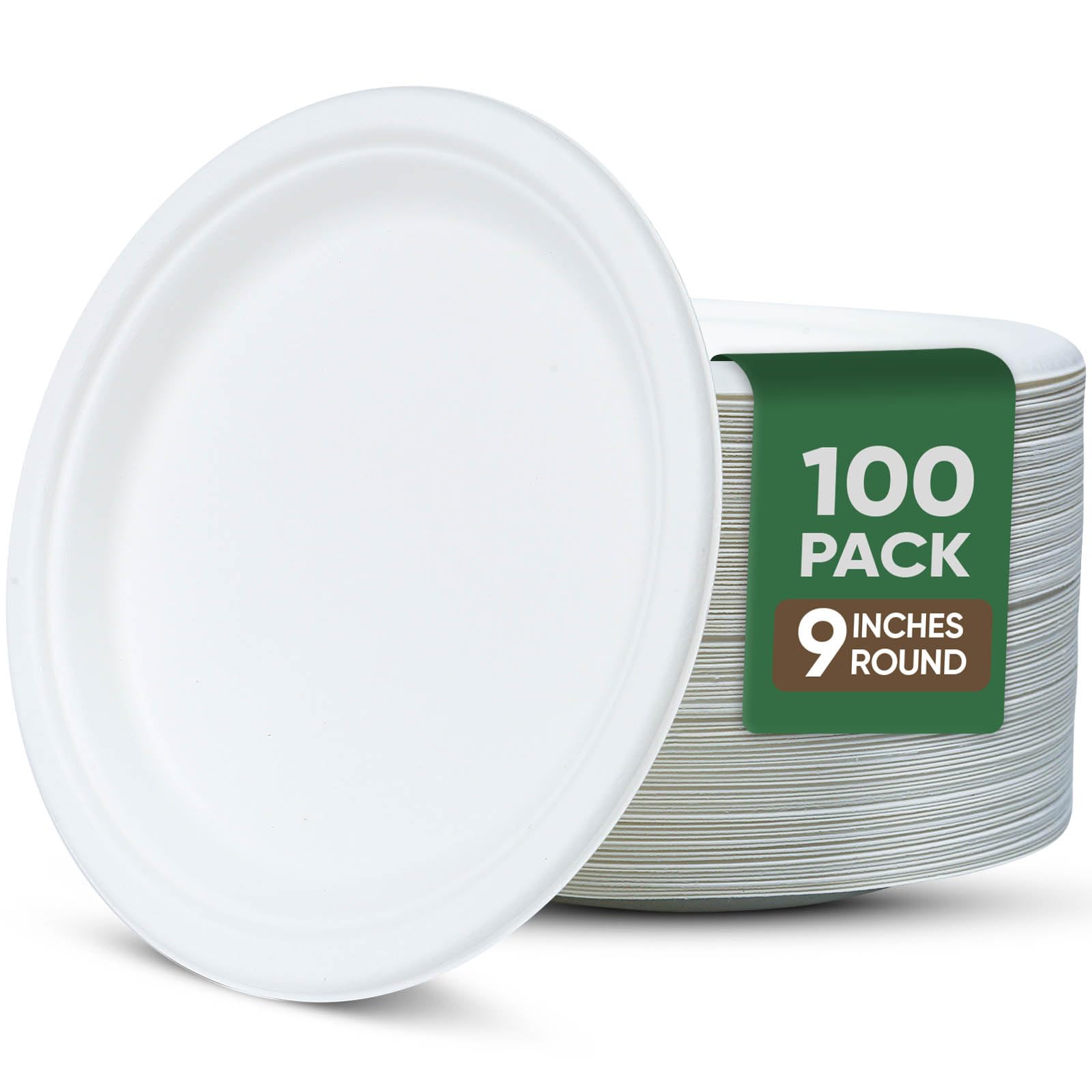 TaidMiao 9 Inch Paper Plates 100 Pack - 100% Compostable Dinnerware | Leak & Grease Resistant Disposable Plates for Parties, Microwavable, Bulk Eco-Friendly - White