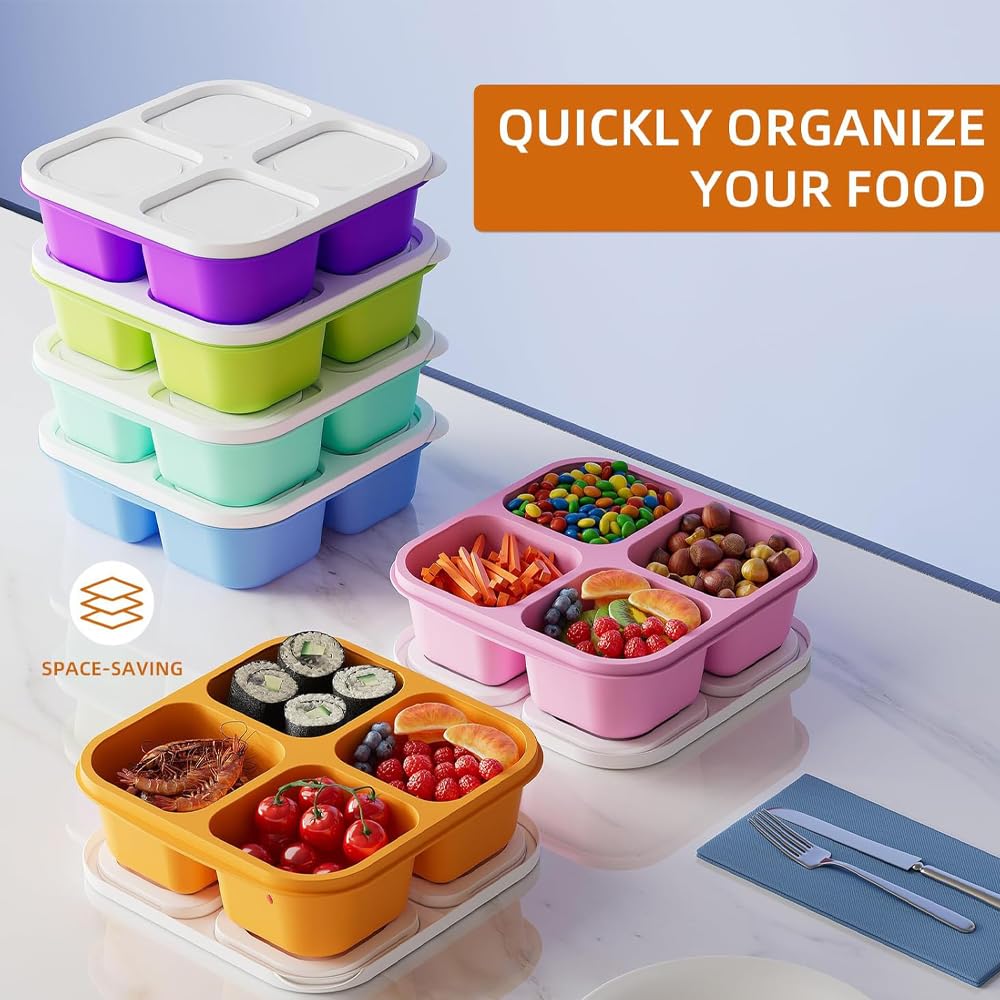 6 Pack Bento Snack Containers Set，Reusable 4 Compartment Divided Food Storage Containers with Lids Stackable for School, Work, and Travel