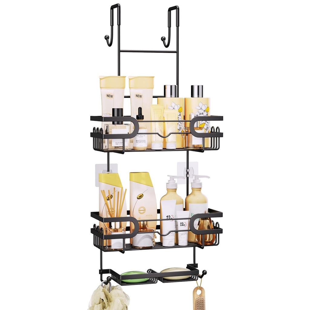 SWTYMIKI Shower Caddy Hanging Over the Door, 2 Tier Bathroom Shelf + 2 Soap Holders, Shower Shelf Organizer with 14 Hooks for Shampoo, Towels, Soap, No Drilling, Rustproof & Waterproof, Black