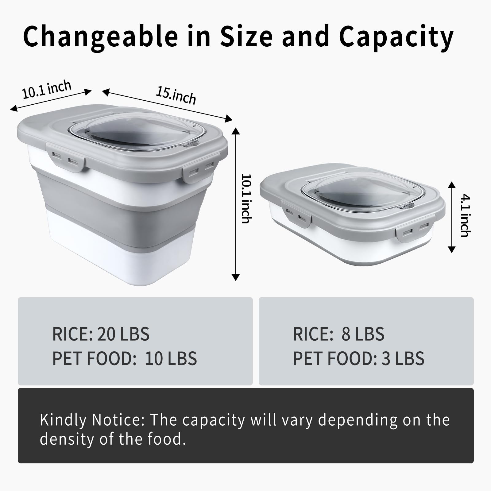 Komzon Rice Storage Container, Collapsible Airtight Food Storage Containers 6-20 Lbs, Rice Dispenser with Measuring Cup and Small Bin for Flour Cereal Pasta Grain, Cat Pet Dog Bird Food Container