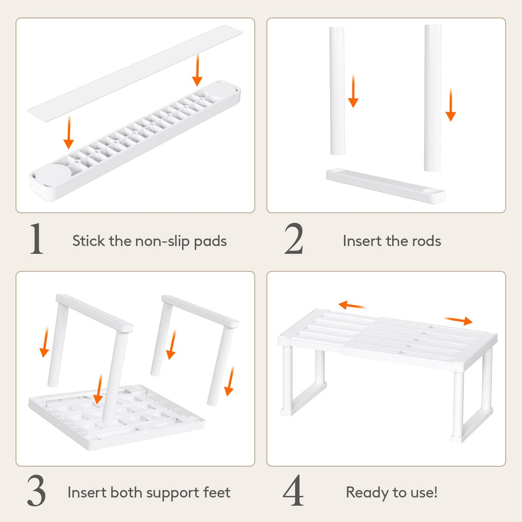 Lifewit Cabinet Shelf Organizer, Expandable From 11.8 to 15.7 inches, Countertop Kitchen Shelves, Plastic Shelf Riser for Pantry Kitchen Storage and Spice Rack, Set of 2, White