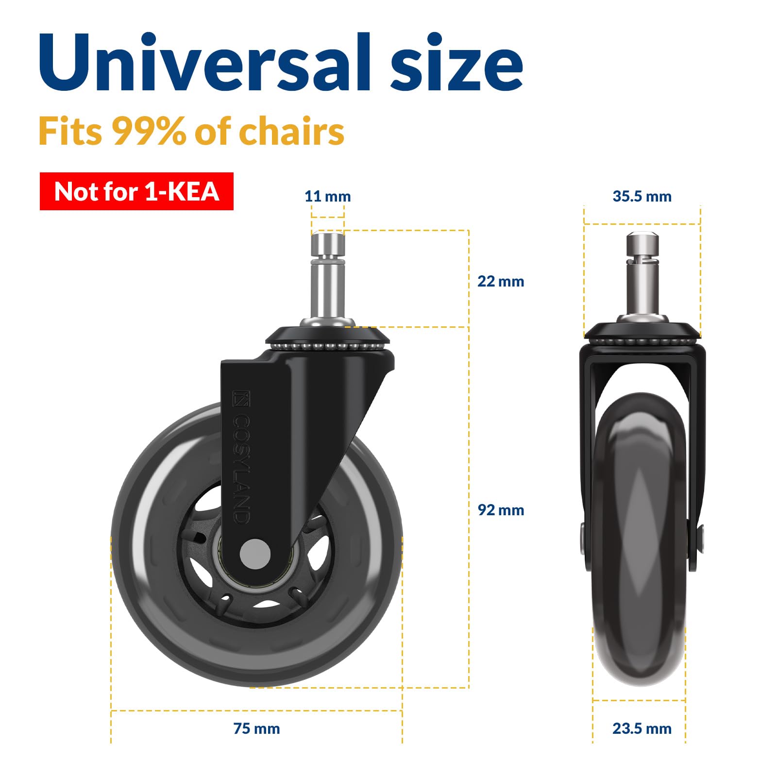 COSYLAND Office Chair Wheels Replacement - Rubber Chair casters for Hardwood Floors and Carpet, Set of 5, Heavy Duty Office Chair casters for Chairs to Replace 11mm