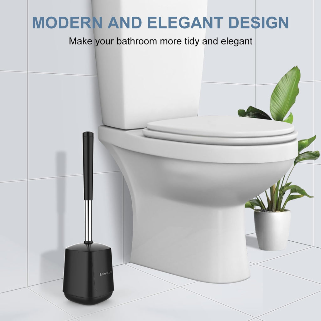 SetSail Toilet Brush and Holder 2 Pack, Self Closing Lid Toilet Bowl Brushes Holder and Extra Long Handle Ventilated Toilet Brush Set for Bathroom Cleaning, Nylon Bristles, Black