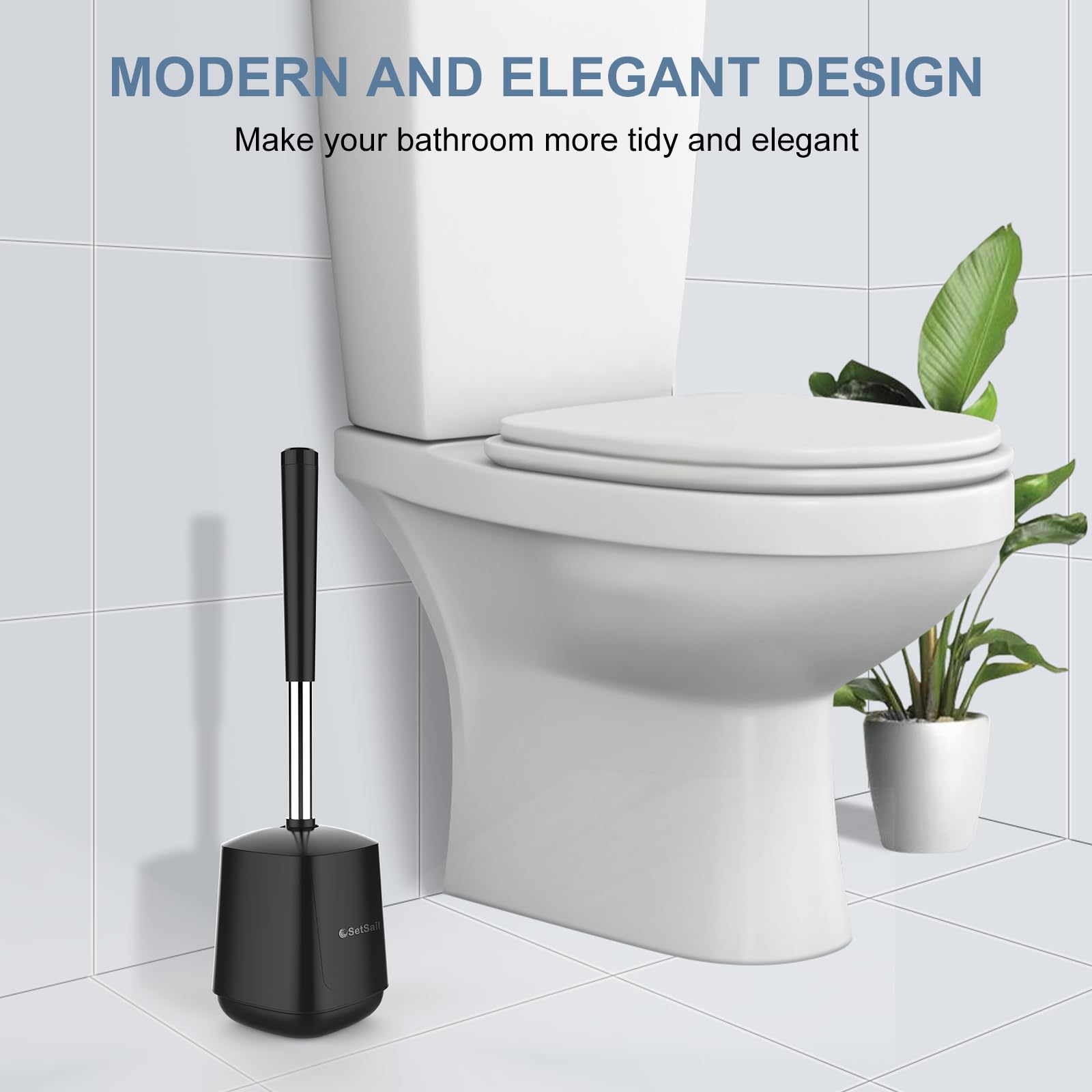 SetSail Toilet Brush and Holder 2 Pack, Self Closing Lid Toilet Bowl Brushes Holder and Extra Long Handle Ventilated Toilet Brush Set for Bathroom Cleaning, Nylon Bristles, Black