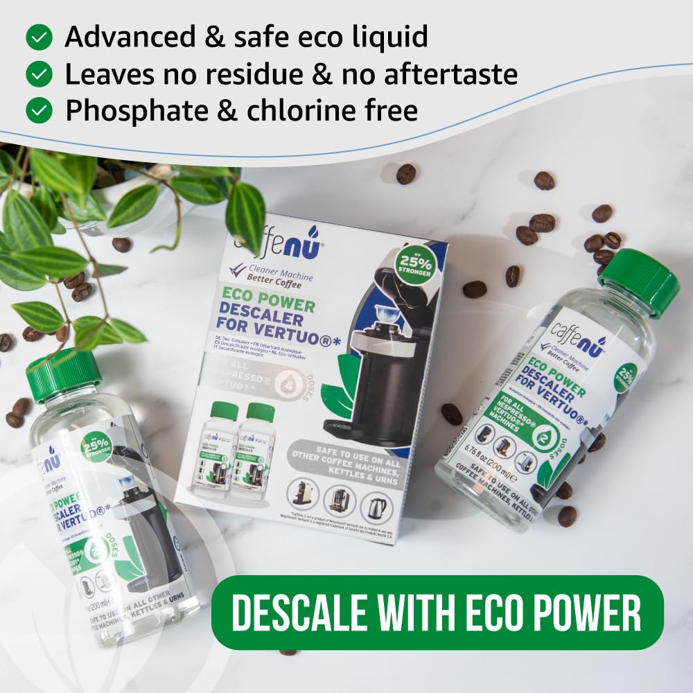 Nespresso Compatible Descaling Kit. 2 Bottles of Vertuo Descaler Solution. Removes Limescale For Hotter Coffee. 4 Uses Descaler For Nespresso Vertuo Coffee Machines.
