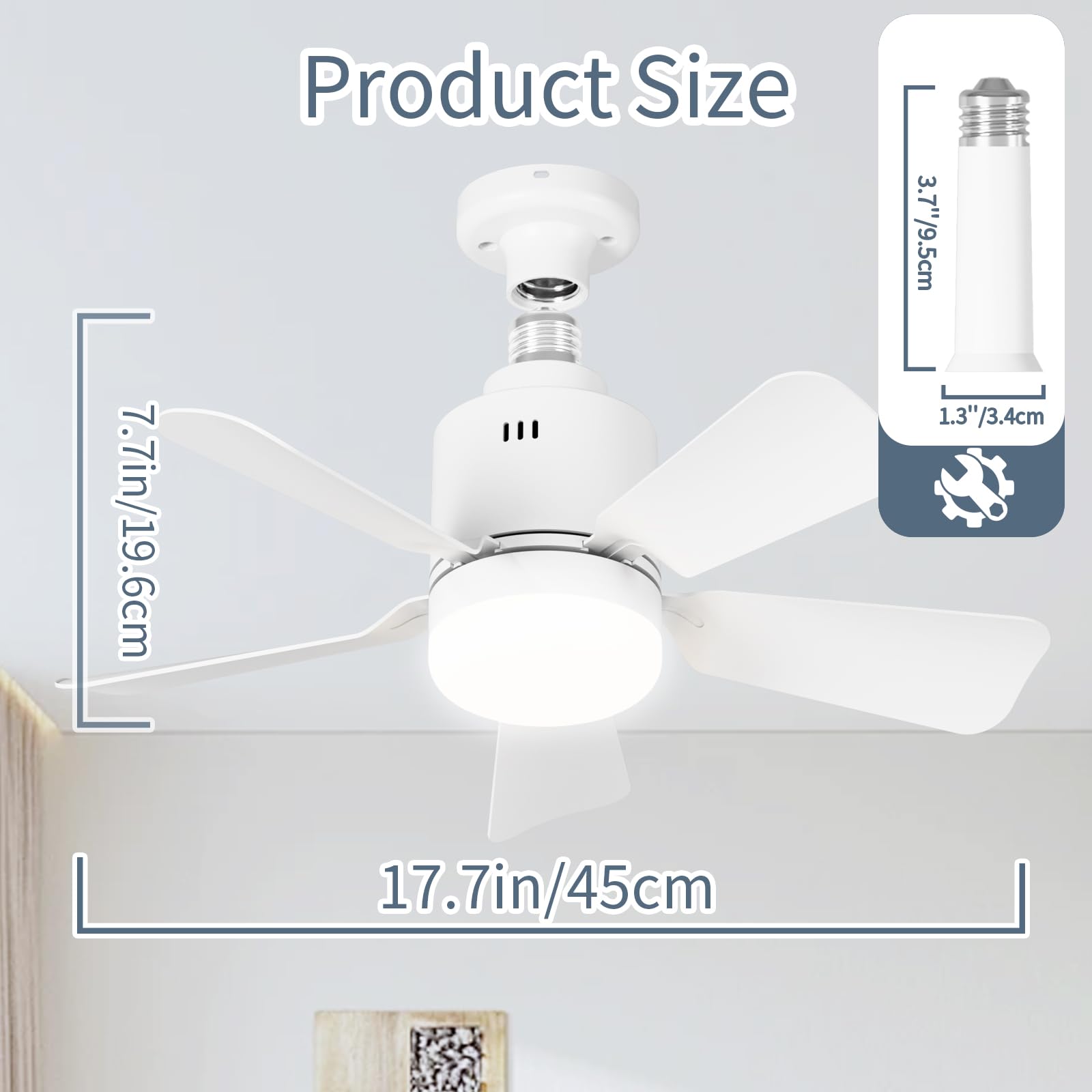 LANMEL Socket Fan Light with Remote Control,17.7-Inch Small Ceiling Fan with Light,3-Color Dimmable with E26/27 Base and Socket Extender,Bedroom/Living Room/Kitchen/Garage,White