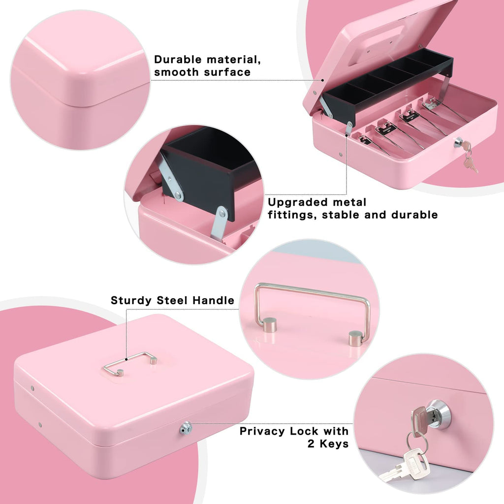 Cash Box with Lock and Money Tray - Tomekji Durable Metal Large Money Box 11.8"L x 9.5"W x 3.5"H - 5 Compartment Tray 4 Spring Loaded, Come with 2 Key, Pink