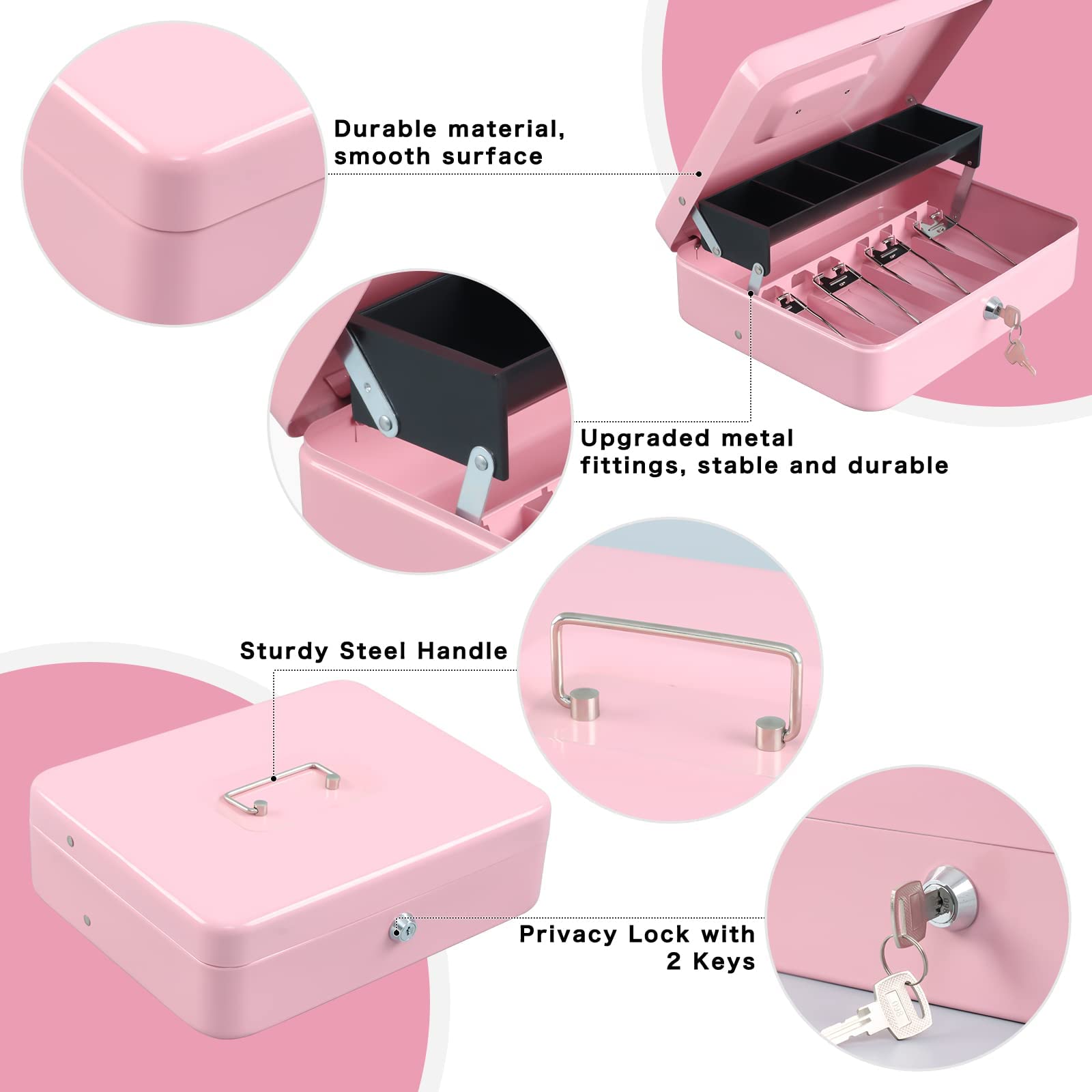 Cash Box with Lock and Money Tray - Tomekji Durable Metal Large Money Box 11.8"L x 9.5"W x 3.5"H - 5 Compartment Tray 4 Spring Loaded, Come with 2 Key, Pink