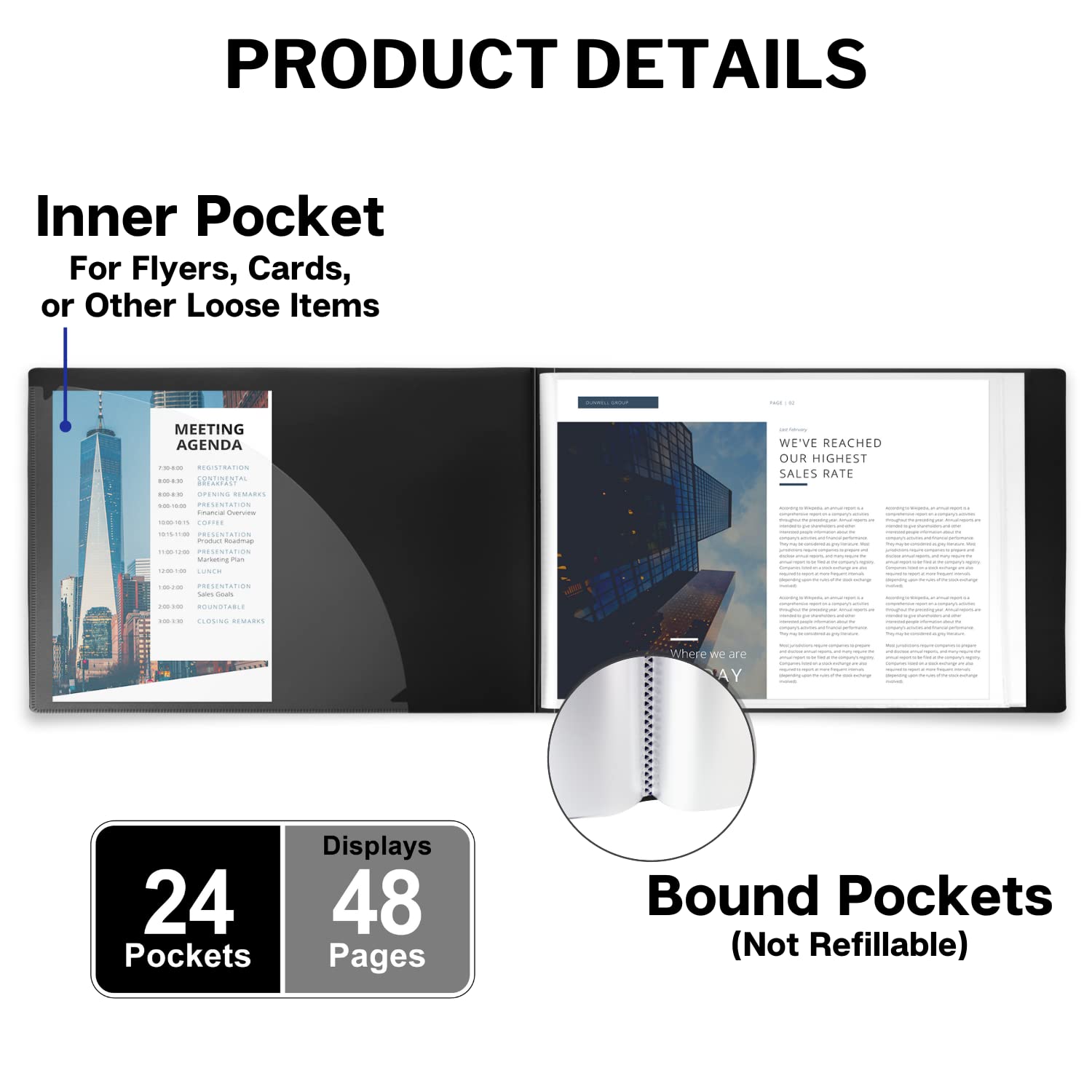 Dunwell Landscape Binder with Sleeves - (8.5x11, Black), 24-Pocket Horizontal Presentation Book, 24 Clear Sleeves Display 48 Pages, 8.5 x 11 Letter Size Paper, Sheet Protector Portfolio Folder