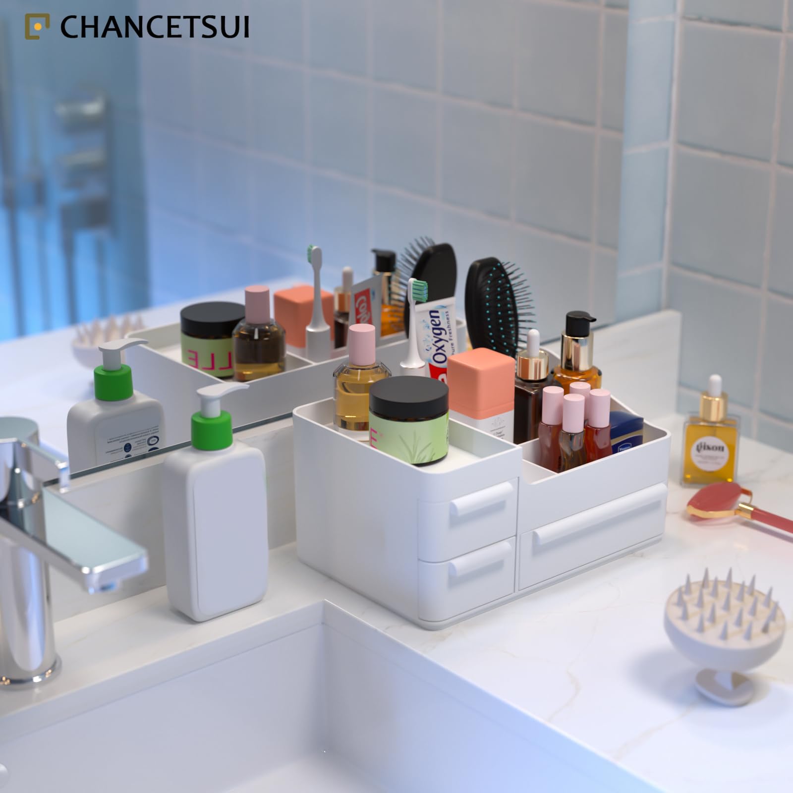 Makeup Desk Organizer, Makeup Organizer With Drawers, Bathroom Countertop Organizer for Cosmetics, Vanity Holder for Lipstick, Makeup Brush Holder/Organizer (White)