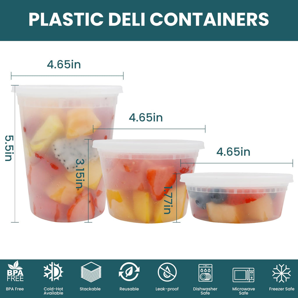 WGCC Deli Containers with Lids 48 Sets- Disposable Soup Containers 8oz, 16oz, 32oz - Plastic Containers with Lids, Food Container Leakproof, BPA Free/Microwave/Freezer/Dishwasher Safe